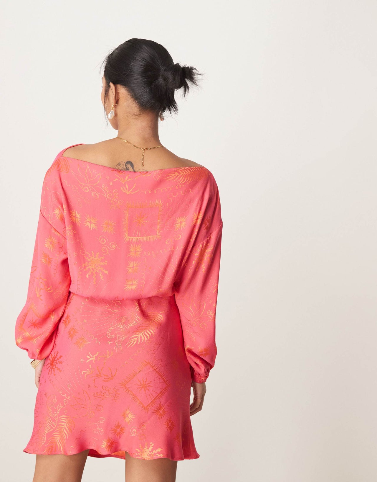 Never Fully Dressed Petite Tilly off shoulder plisse mini dress in red and pink