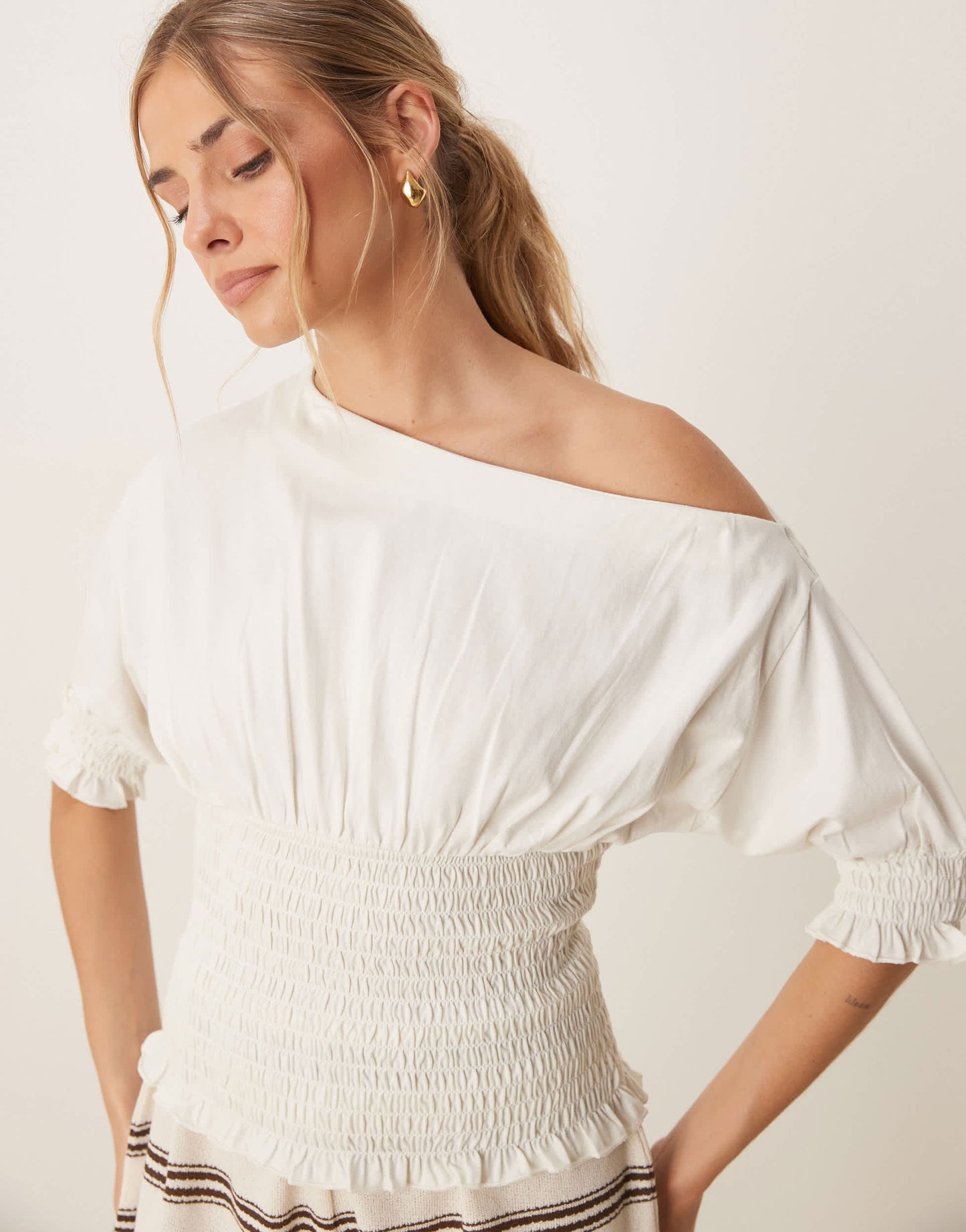 ASOS DESIGN off shoulder shirred detail top in cream