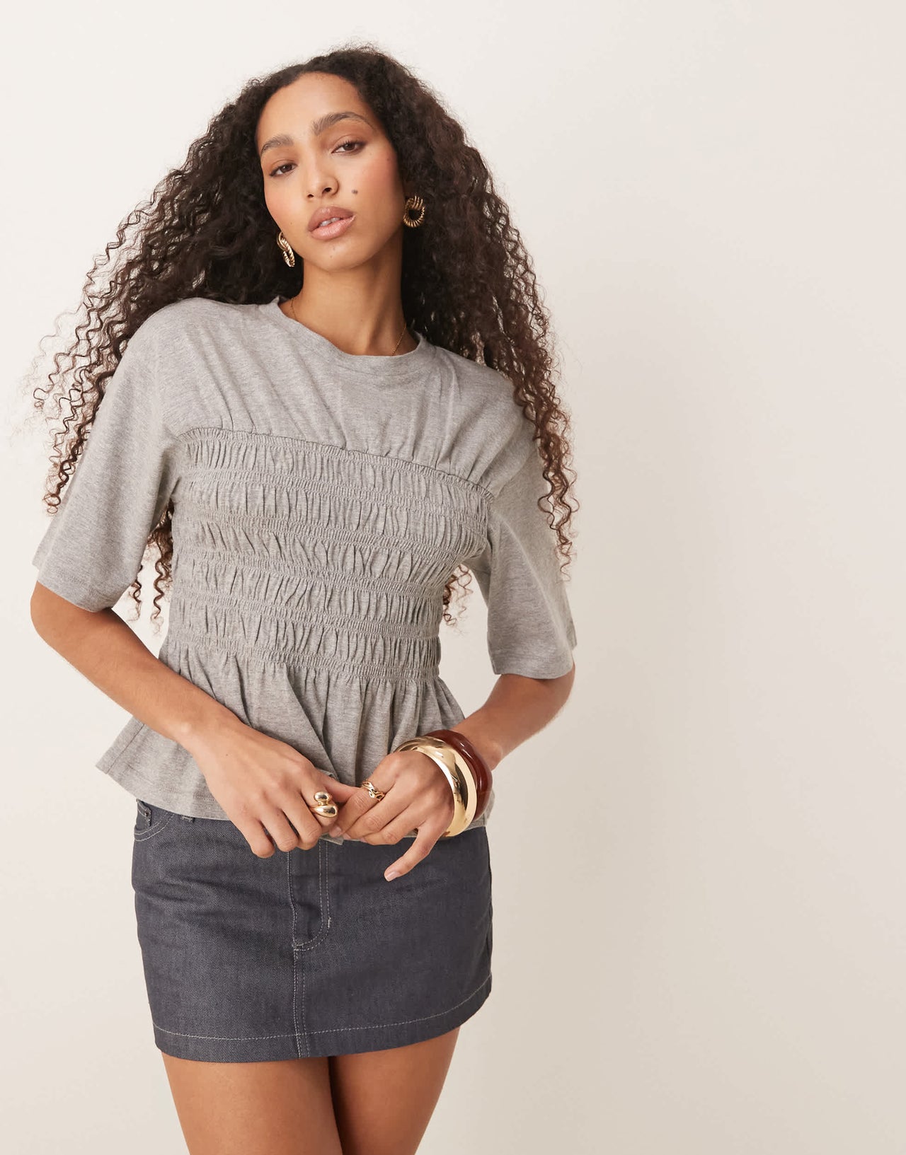 ASOS DESIGN shirred waist t-shirt in grey marl