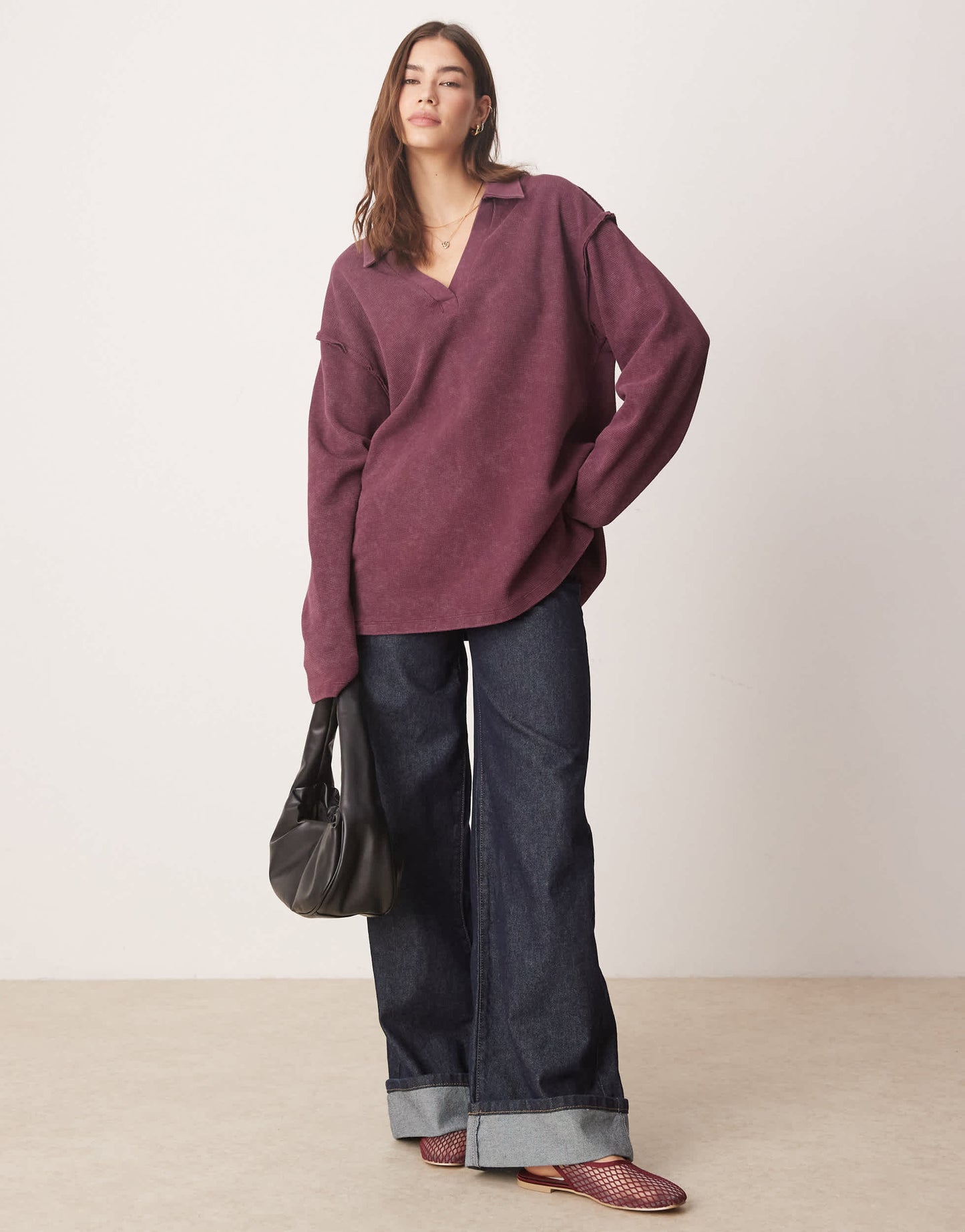 ASOS DESIGN waffle v neck rugby top in washed burgundy