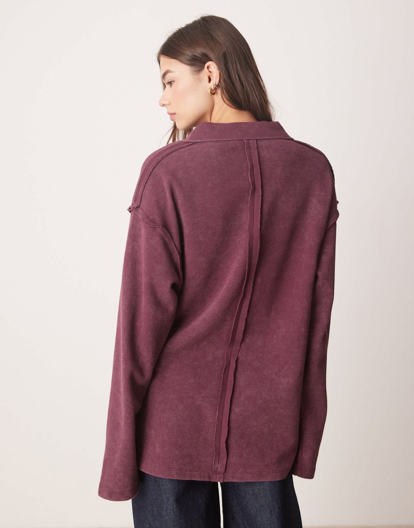 ASOS DESIGN waffle v neck rugby top in washed burgundy
