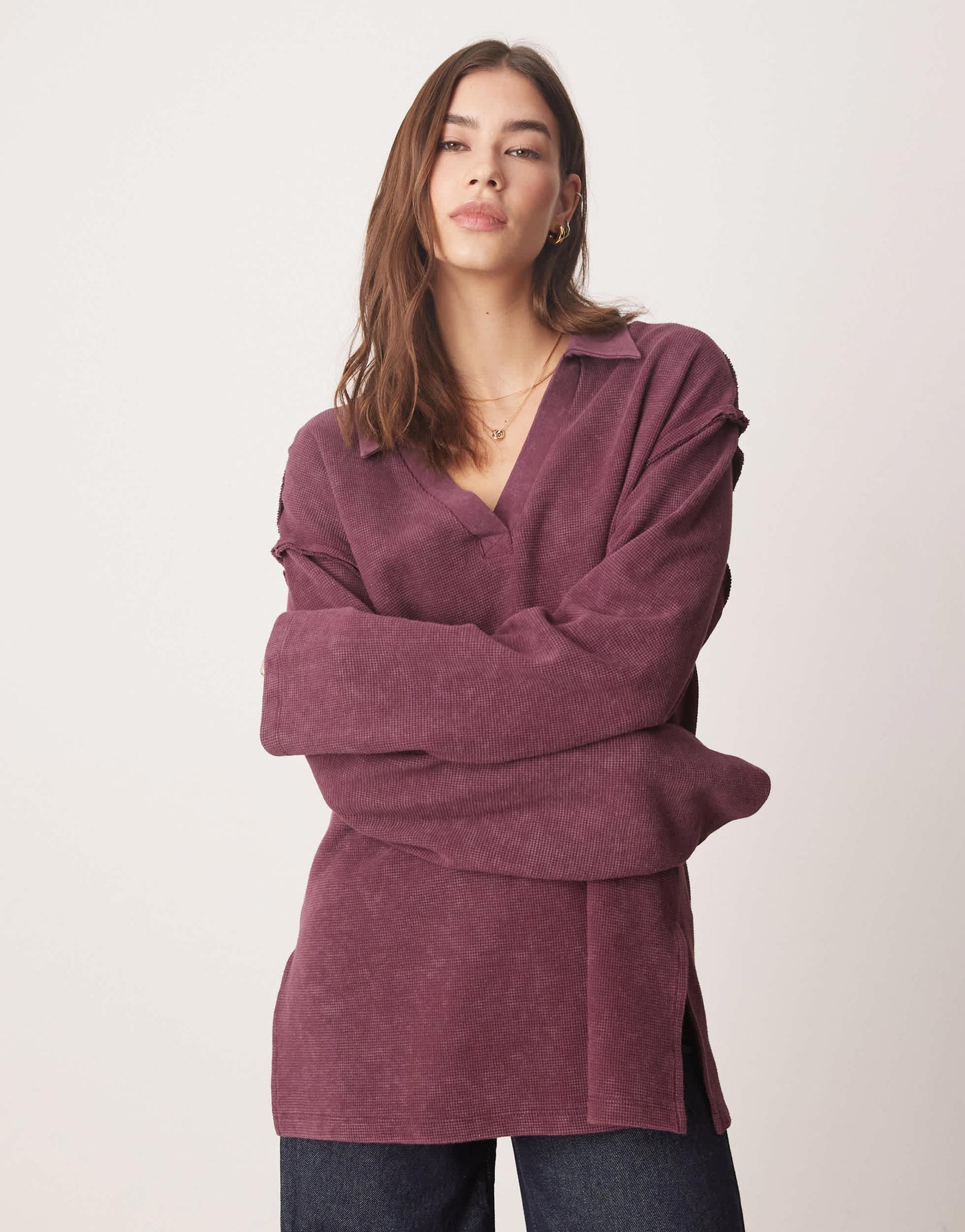 ASOS DESIGN waffle v neck rugby top in washed burgundy