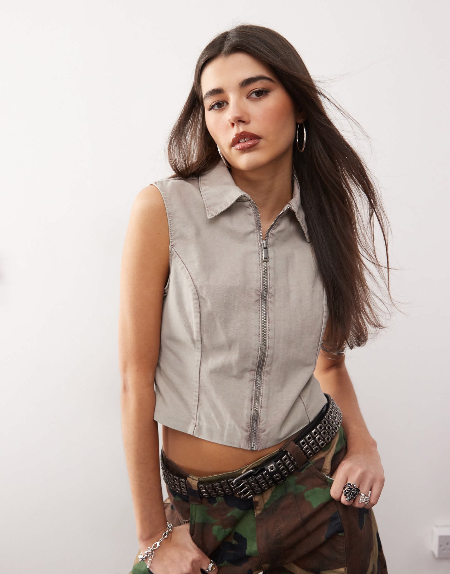 Monki twill zip through waistcoat in beige