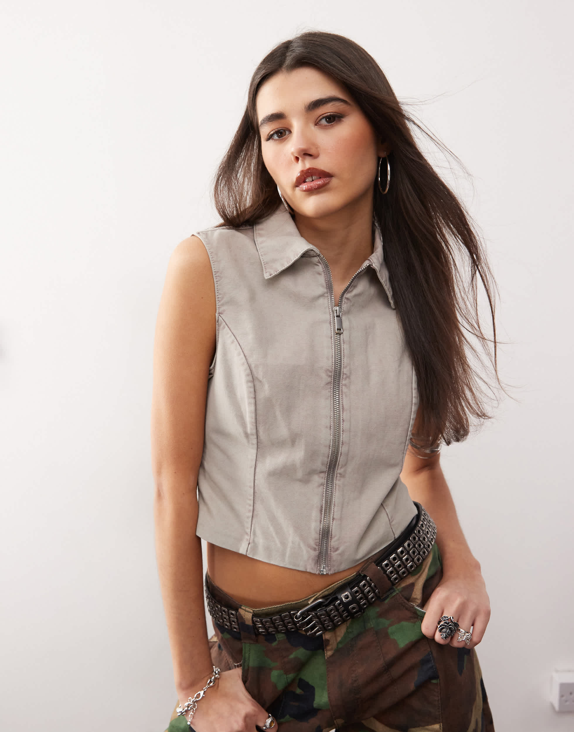 Monki twill zip through waistcoat in beige