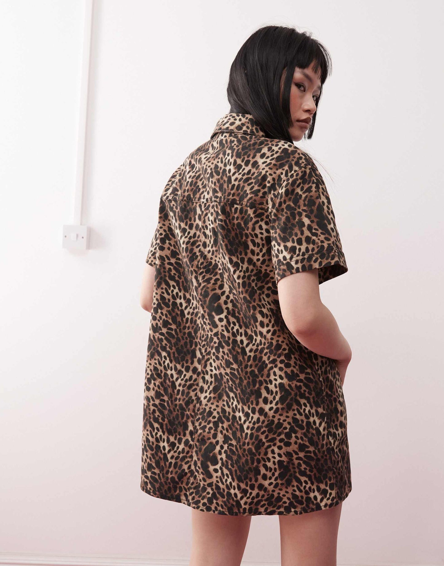 Monki oversized twill shirt dress in leopard print