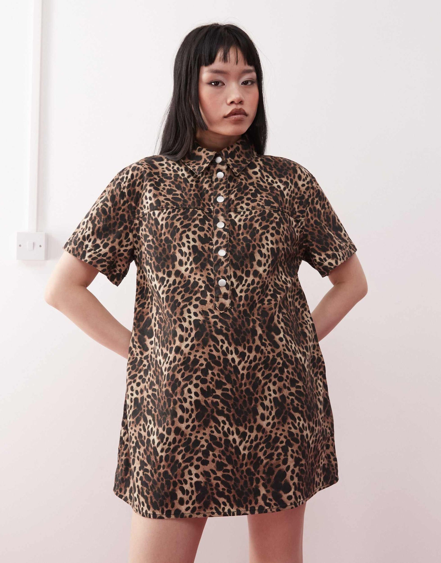 Monki oversized twill shirt dress in leopard print