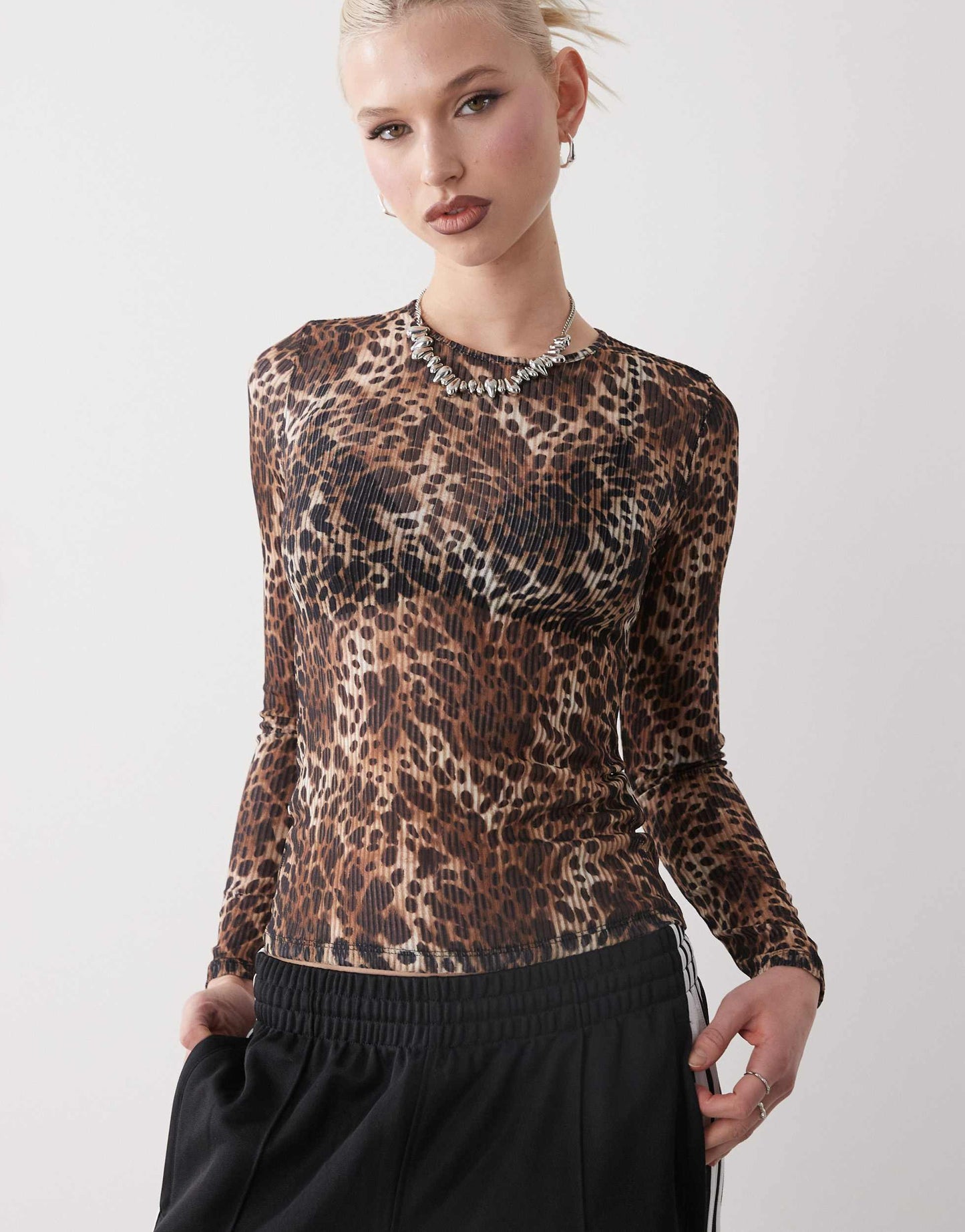Monki long sleeve sheer ribbed top in brown leopard print