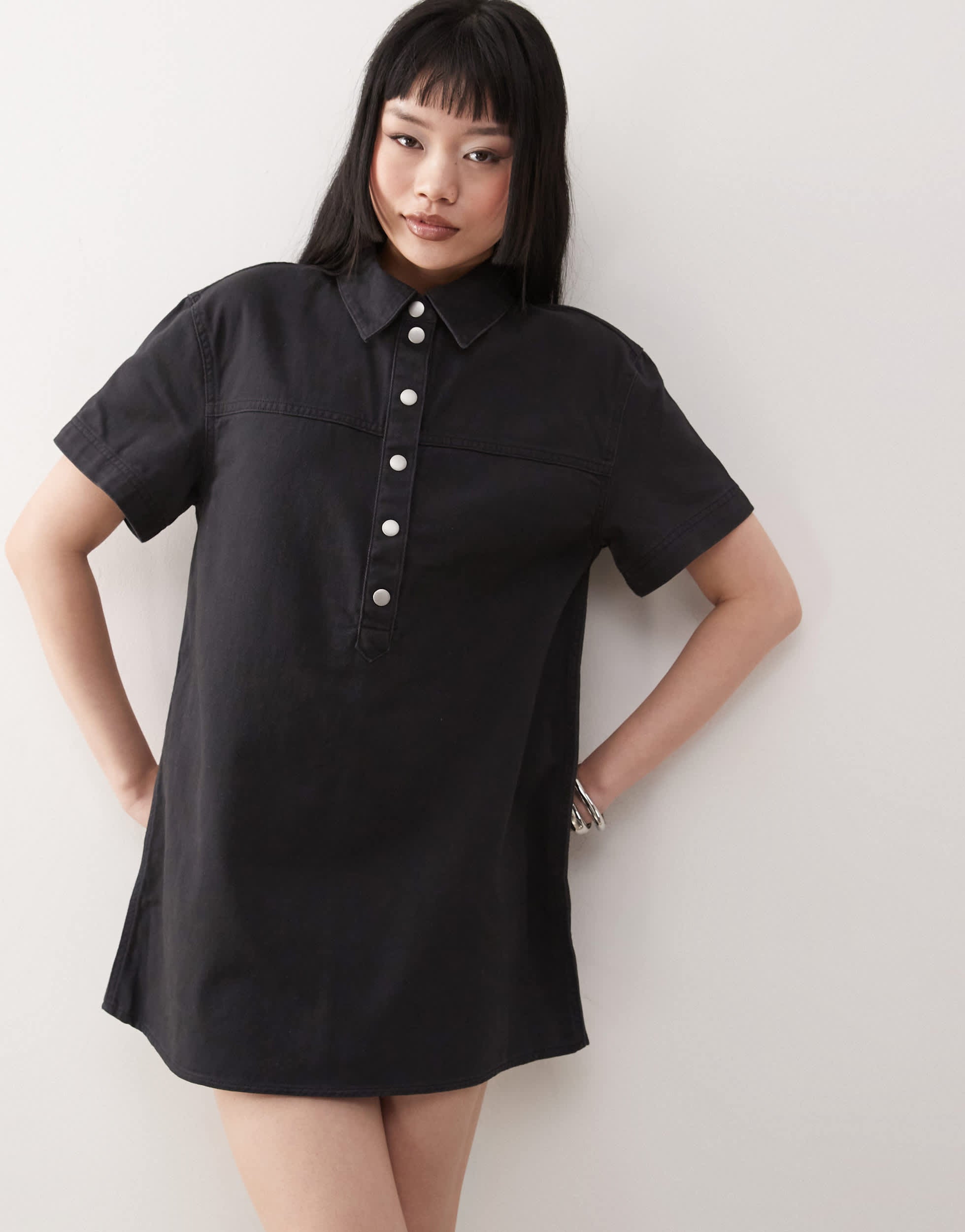 Monki oversized twill shirt dress in washed black