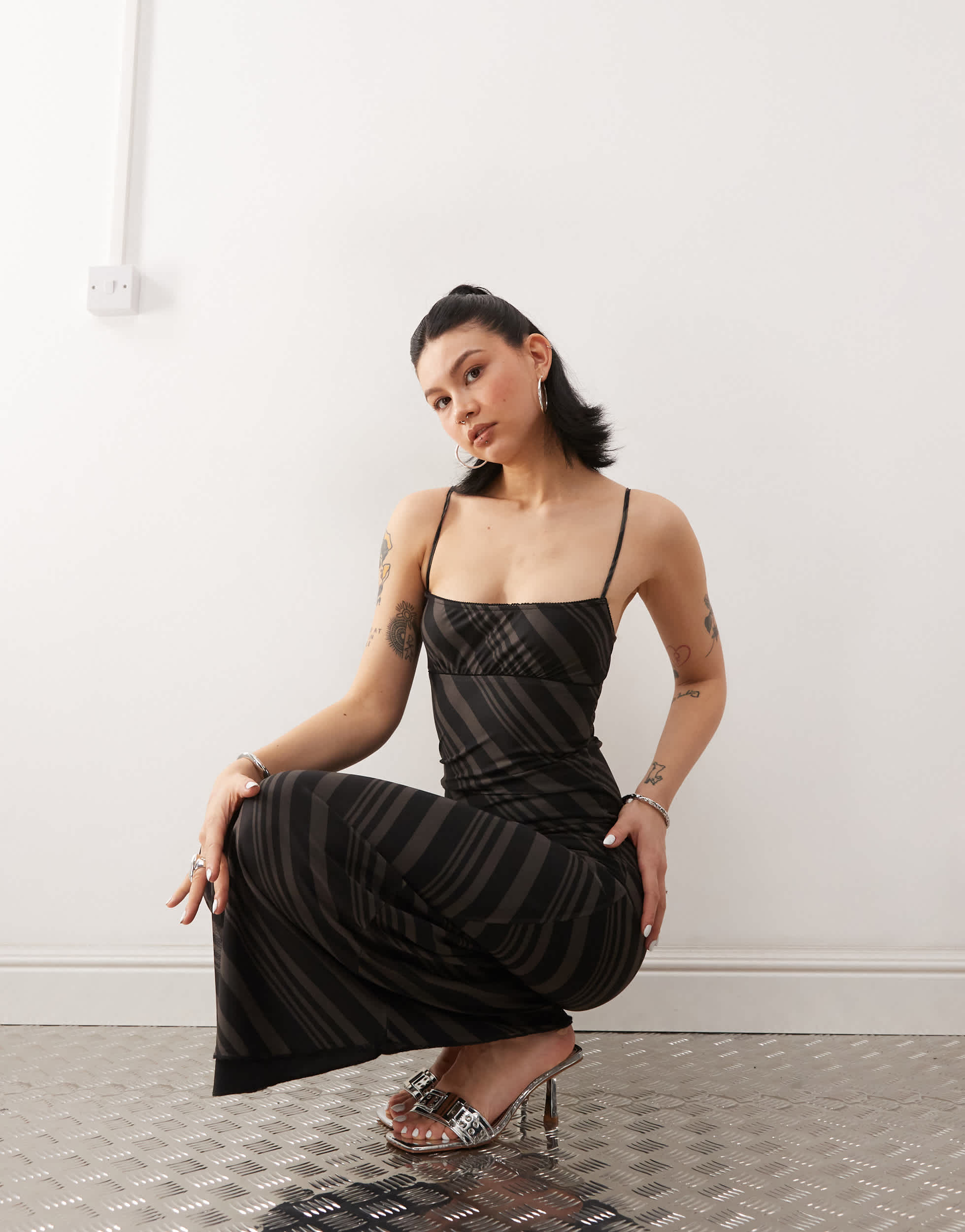 Motel darsih striped mesh cami maxi dress in dark grey
