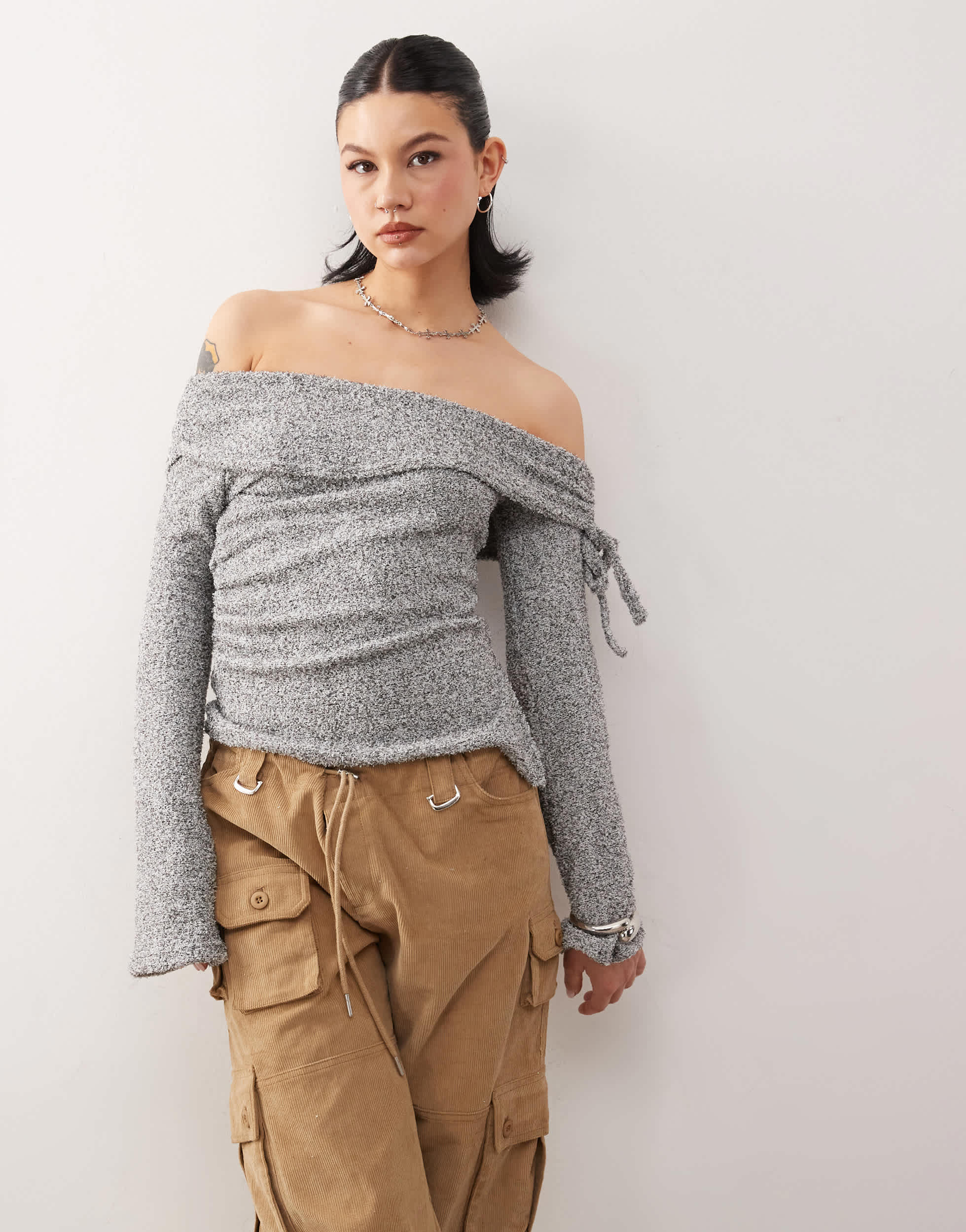 COLLUSION off the shoulder tie side long sleeve top