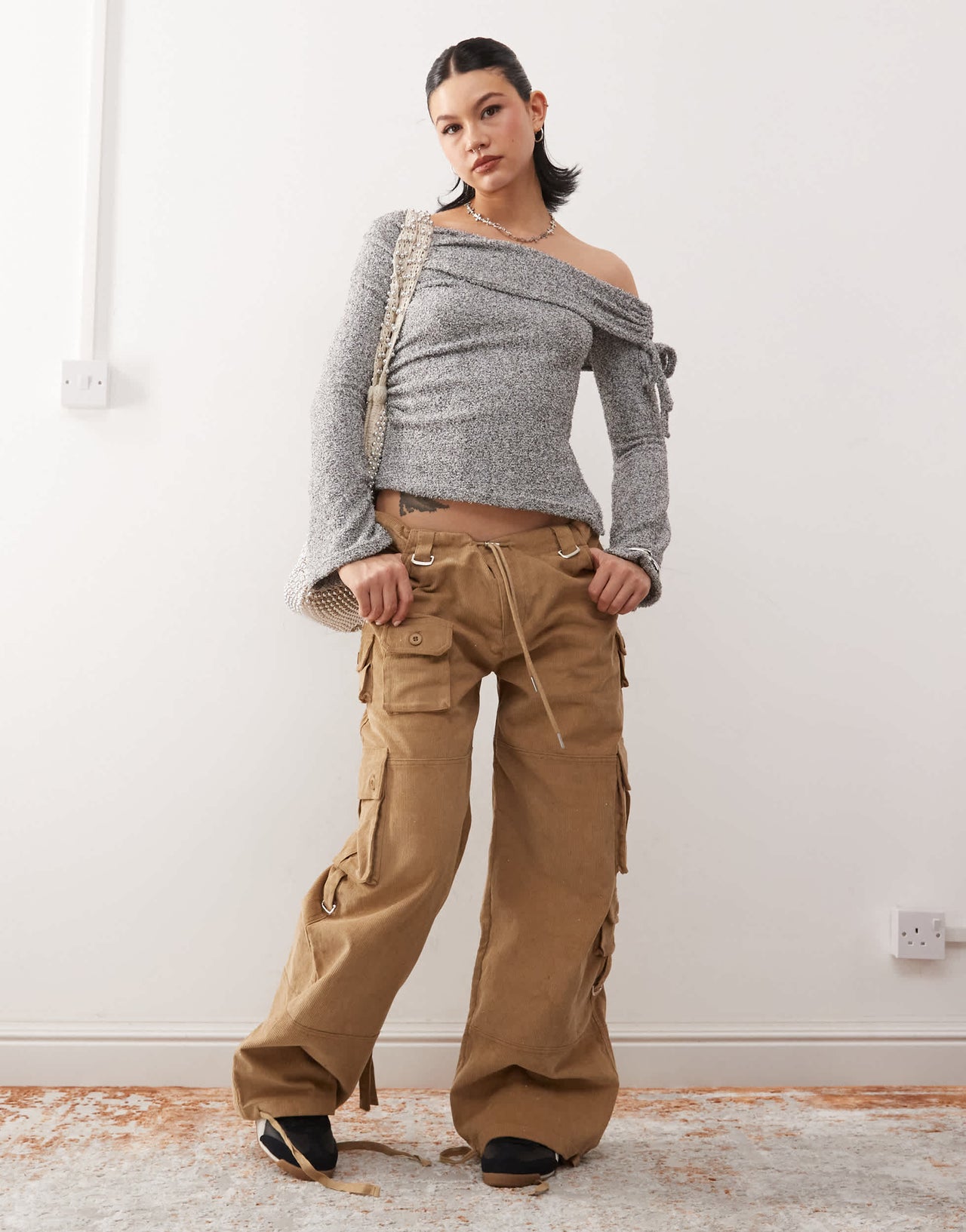 COLLUSION off the shoulder tie side long sleeve top