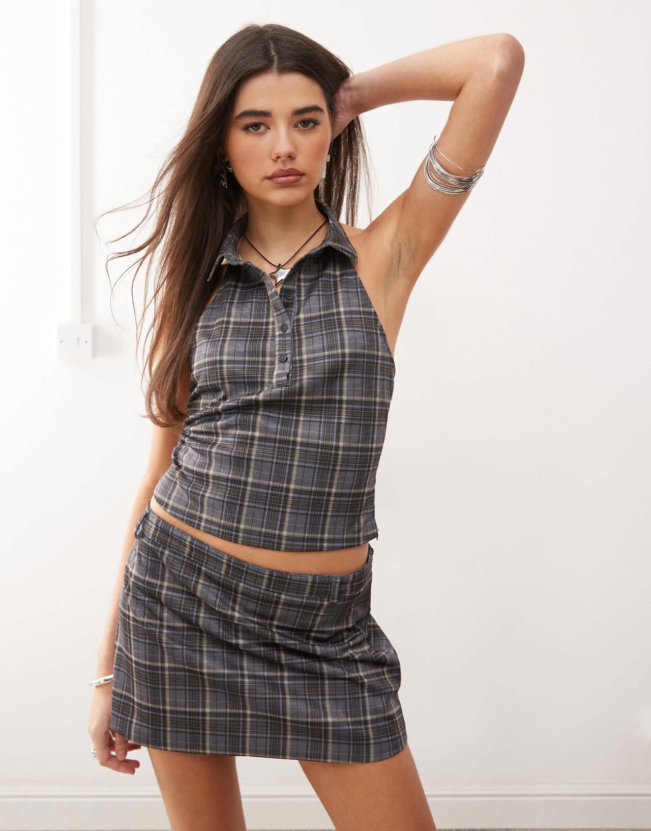Motel harlo collared check top co-ord in grey