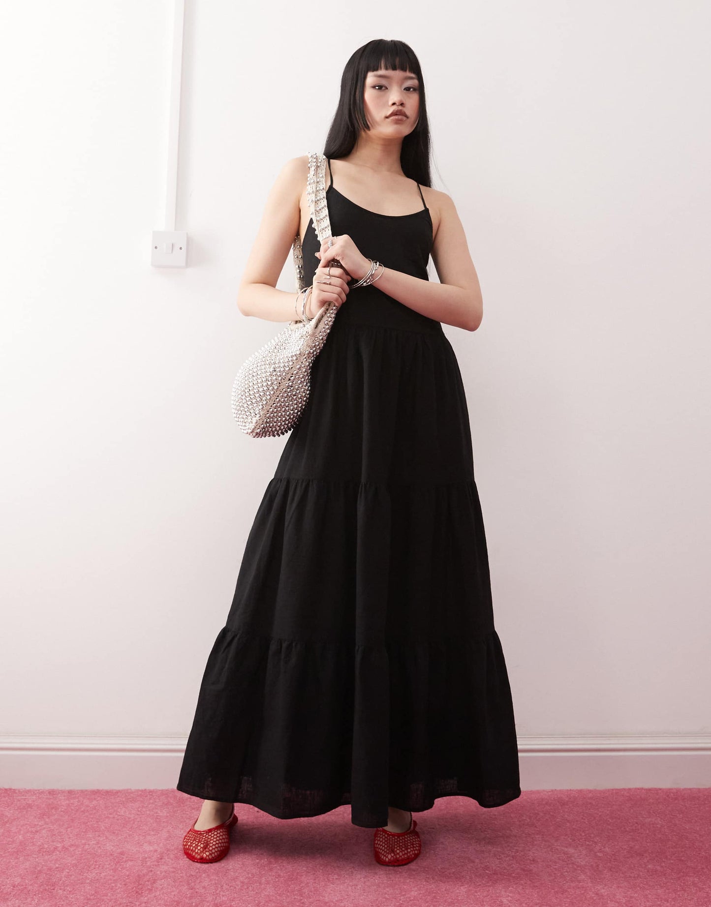 Monki linen tiered midaxi dress in black exclusive to ASOS