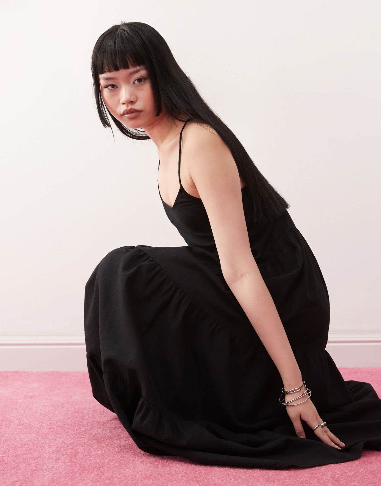 Monki linen tiered midaxi dress in black exclusive to ASOS