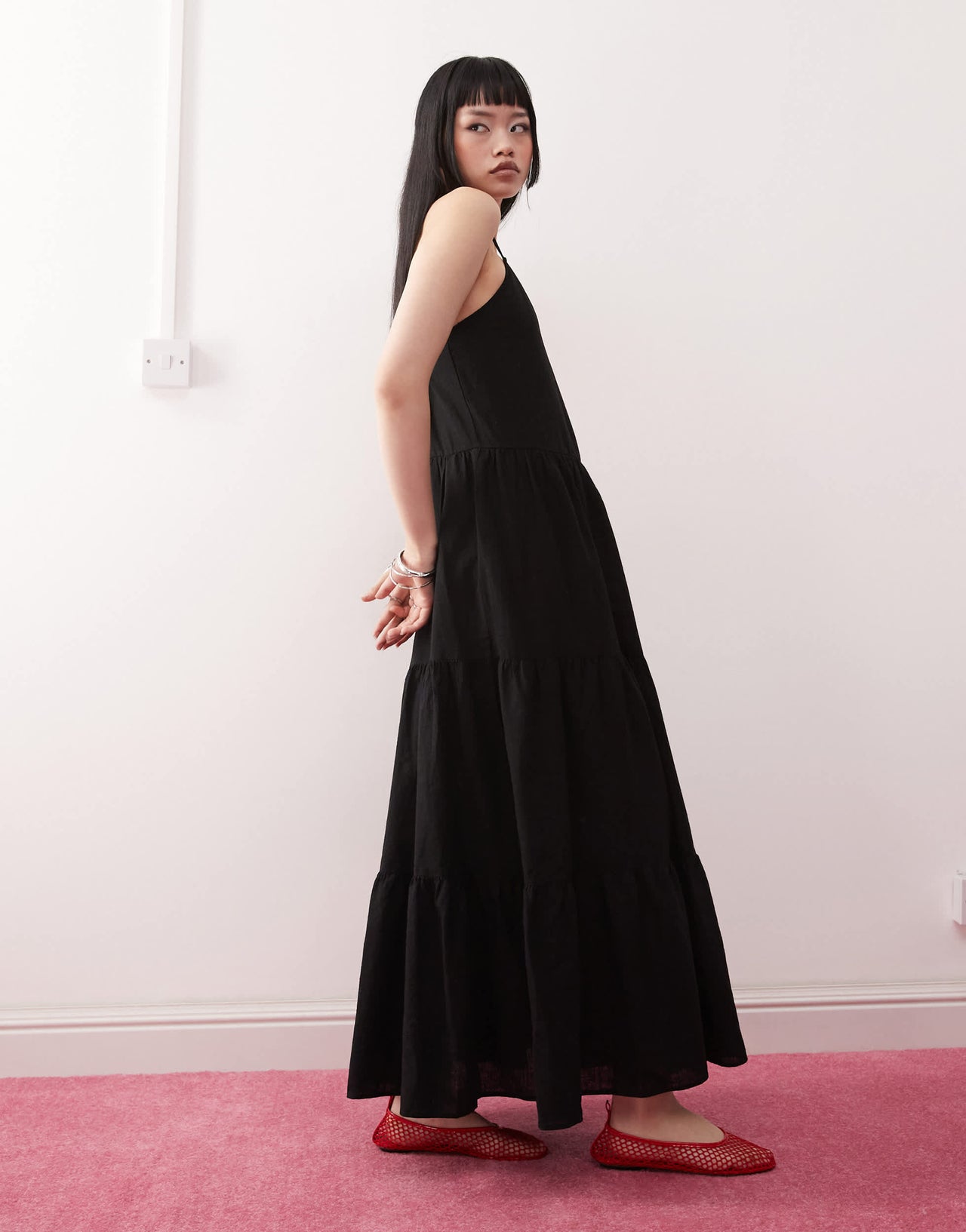 Monki linen tiered midaxi dress in black exclusive to ASOS