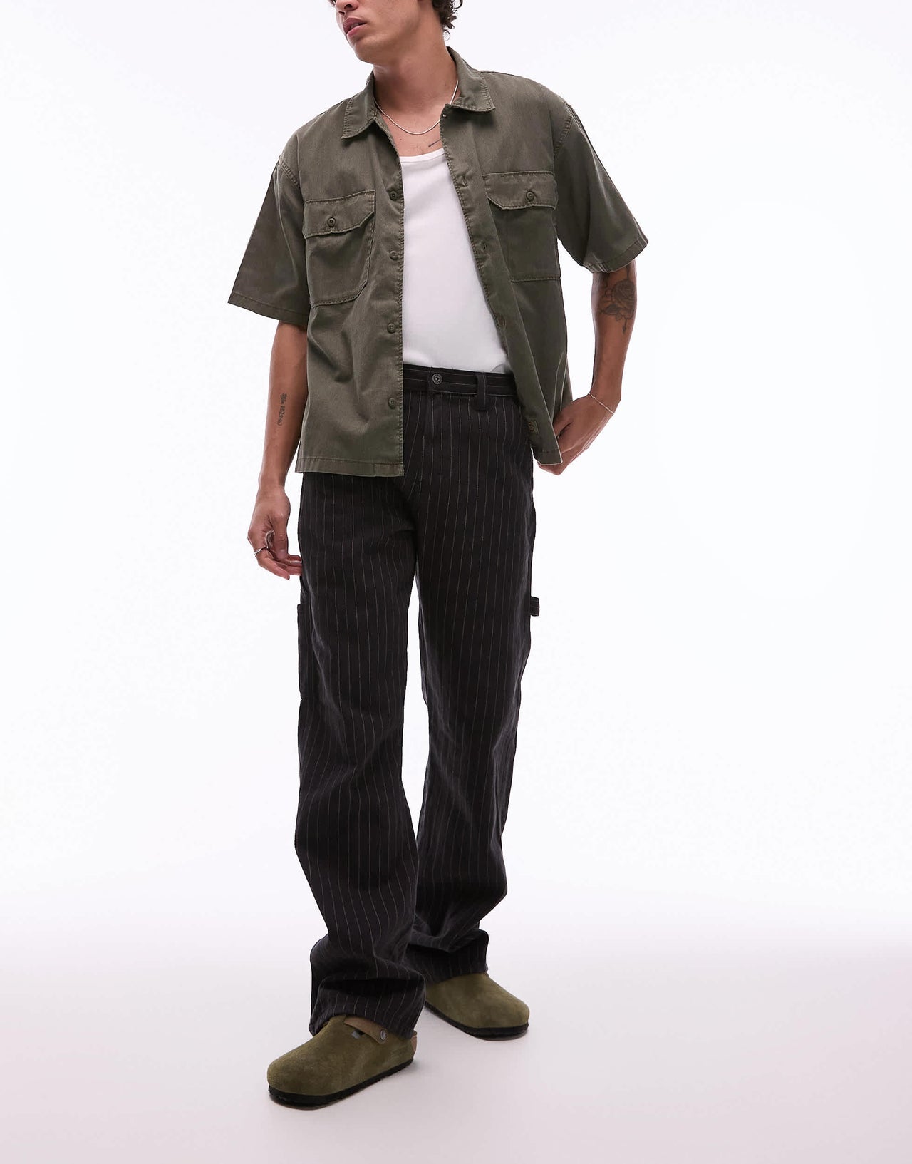 Dickies pinstripe carpenter trousers in black and off white