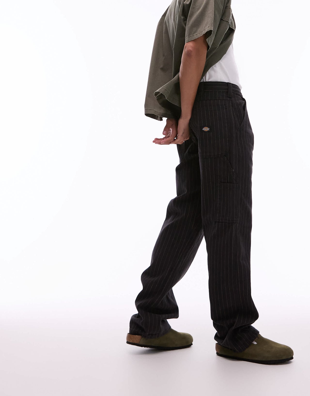 Dickies pinstripe carpenter trousers in black and off white
