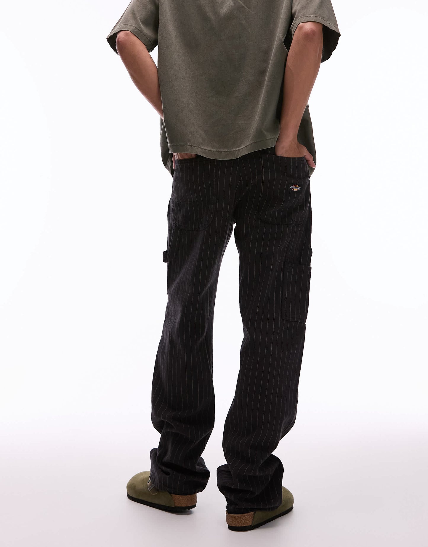 Dickies pinstripe carpenter trousers in black and off white