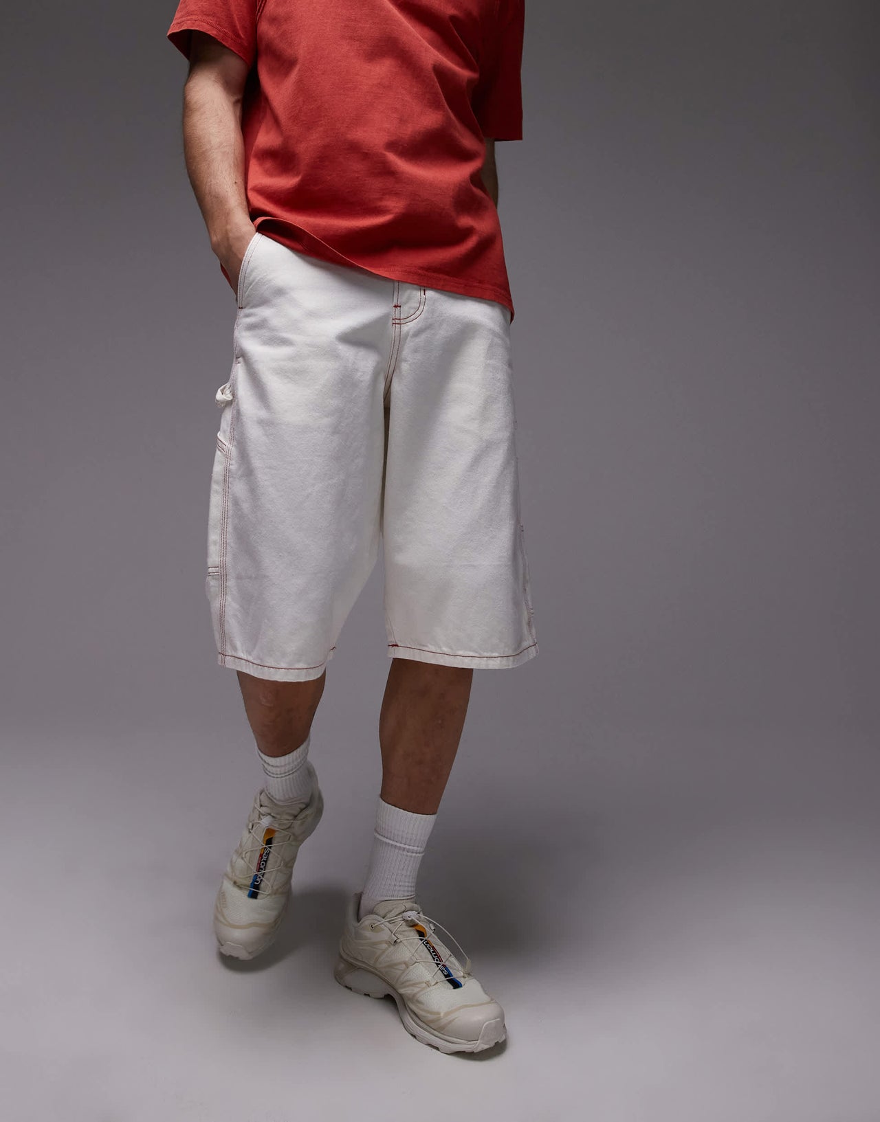 Dickies loose fit denim painter shorts with contrast stitching in off white