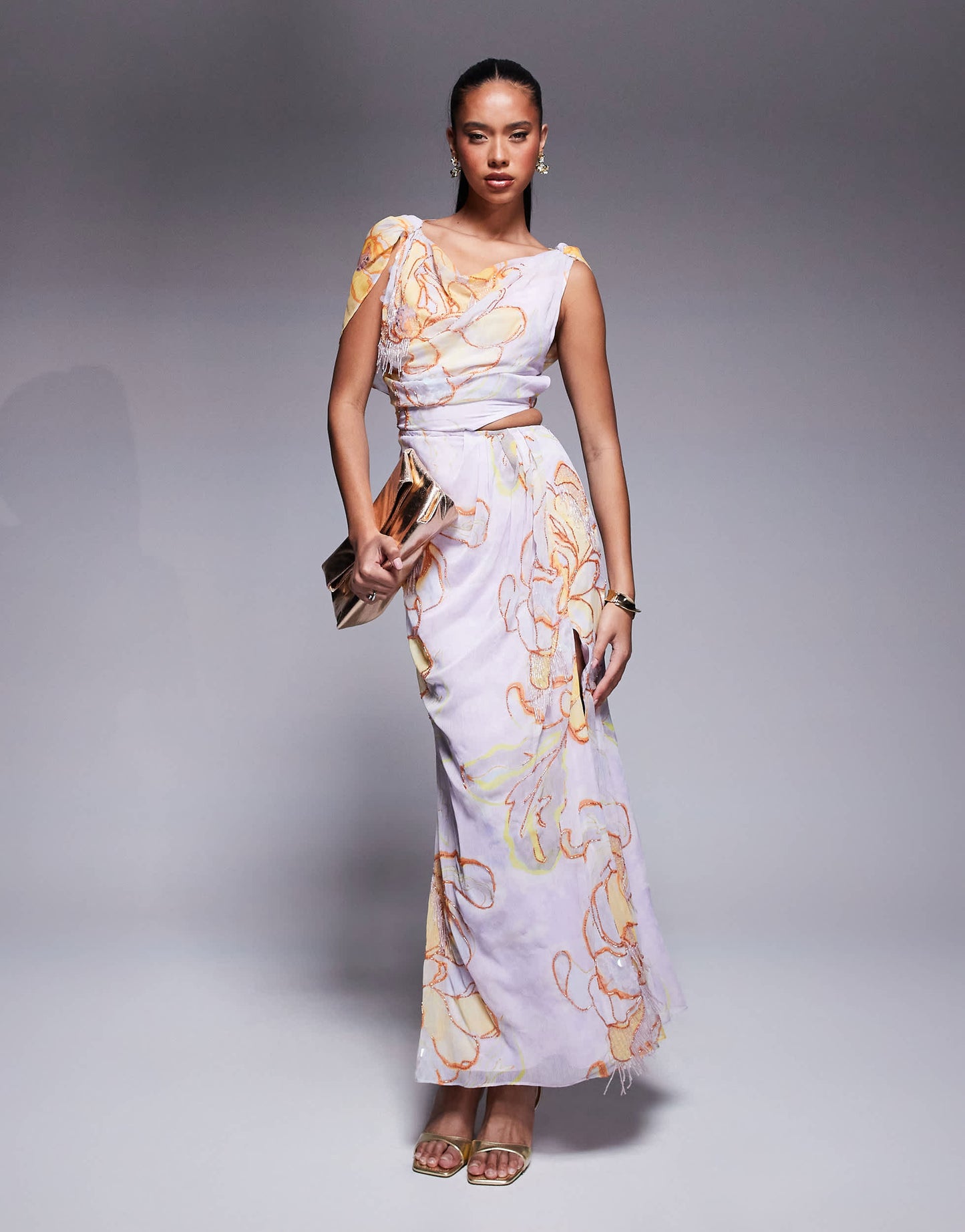 ASOS DESIGN drape midi dress with embellishment in blue floral print