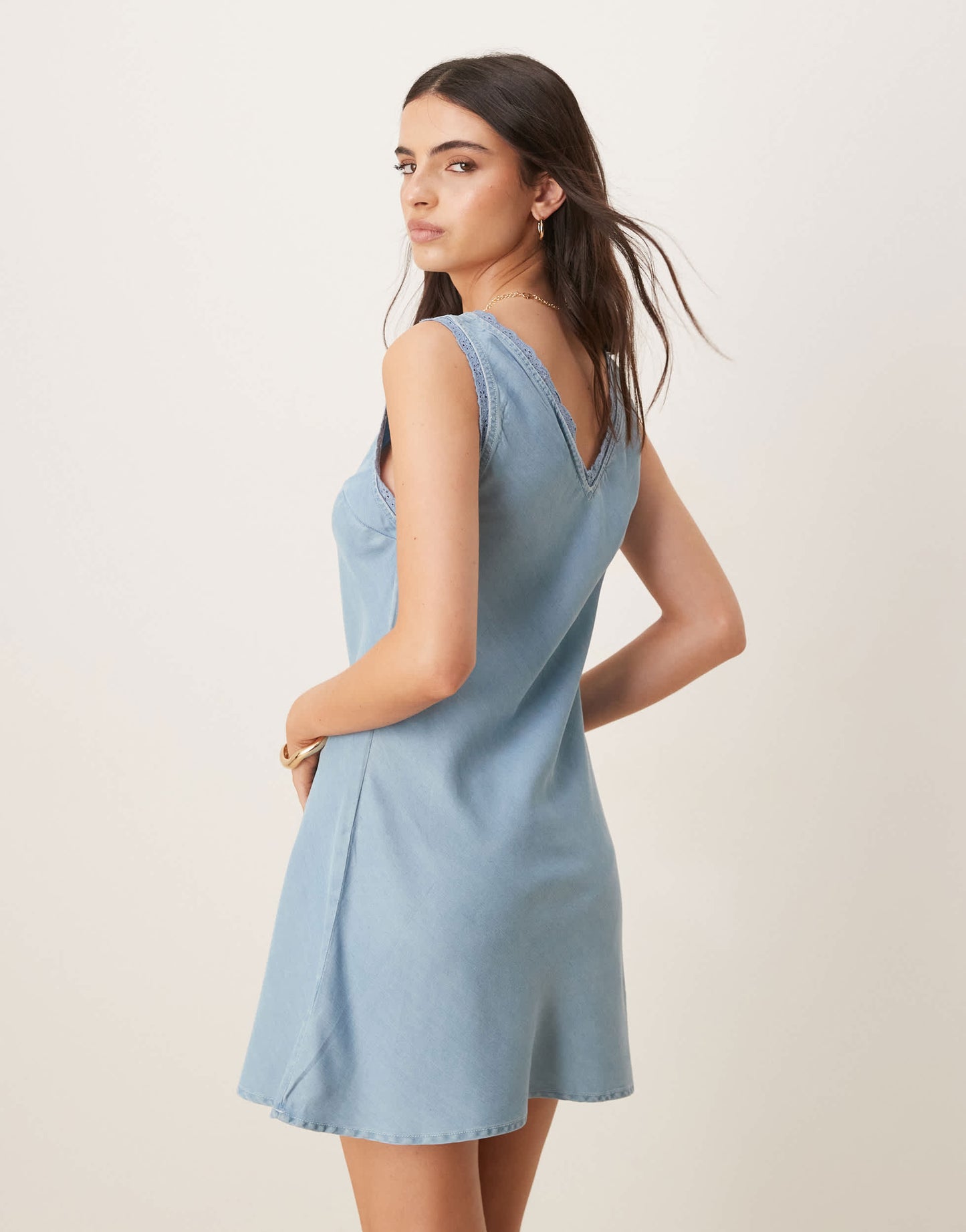 ASOS DESIGN soft denim sleeveless mini dress with lace trim in light blue