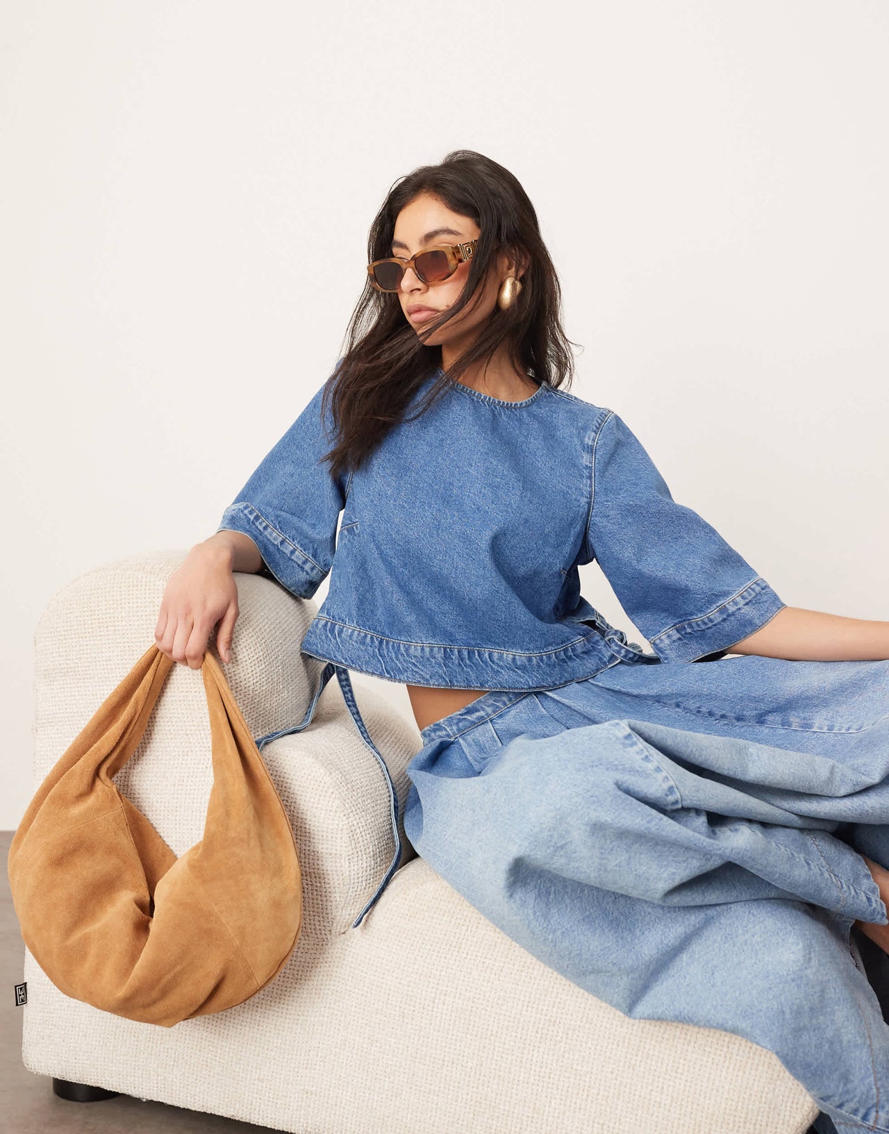 ARRANGE denim crop tab detail top co-ord in light wash blue