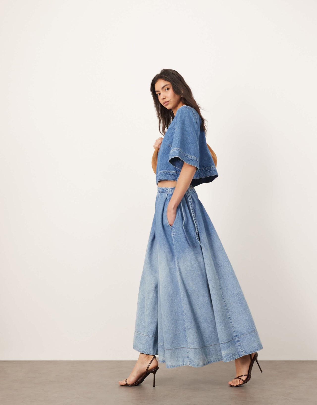 ARRANGE denim crop tab detail top co-ord in light wash blue