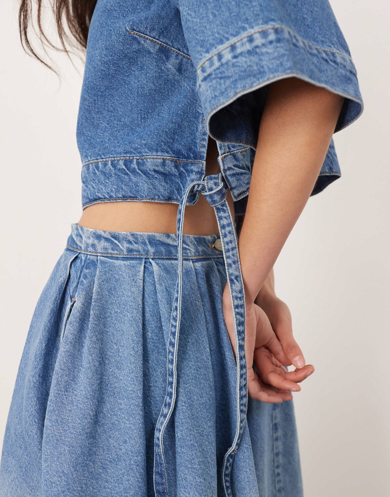 ARRANGE denim crop tab detail top co-ord in light wash blue
