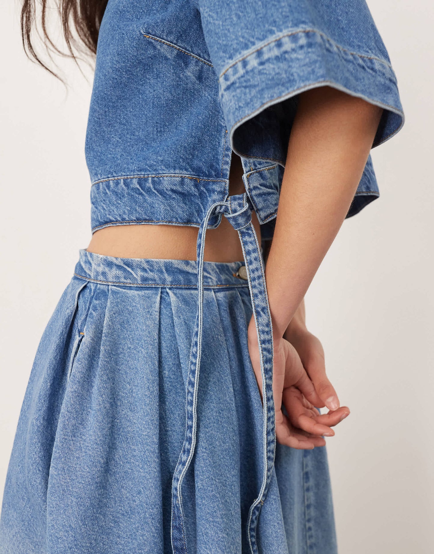 ARRANGE denim crop tab detail top co-ord in light wash blue
