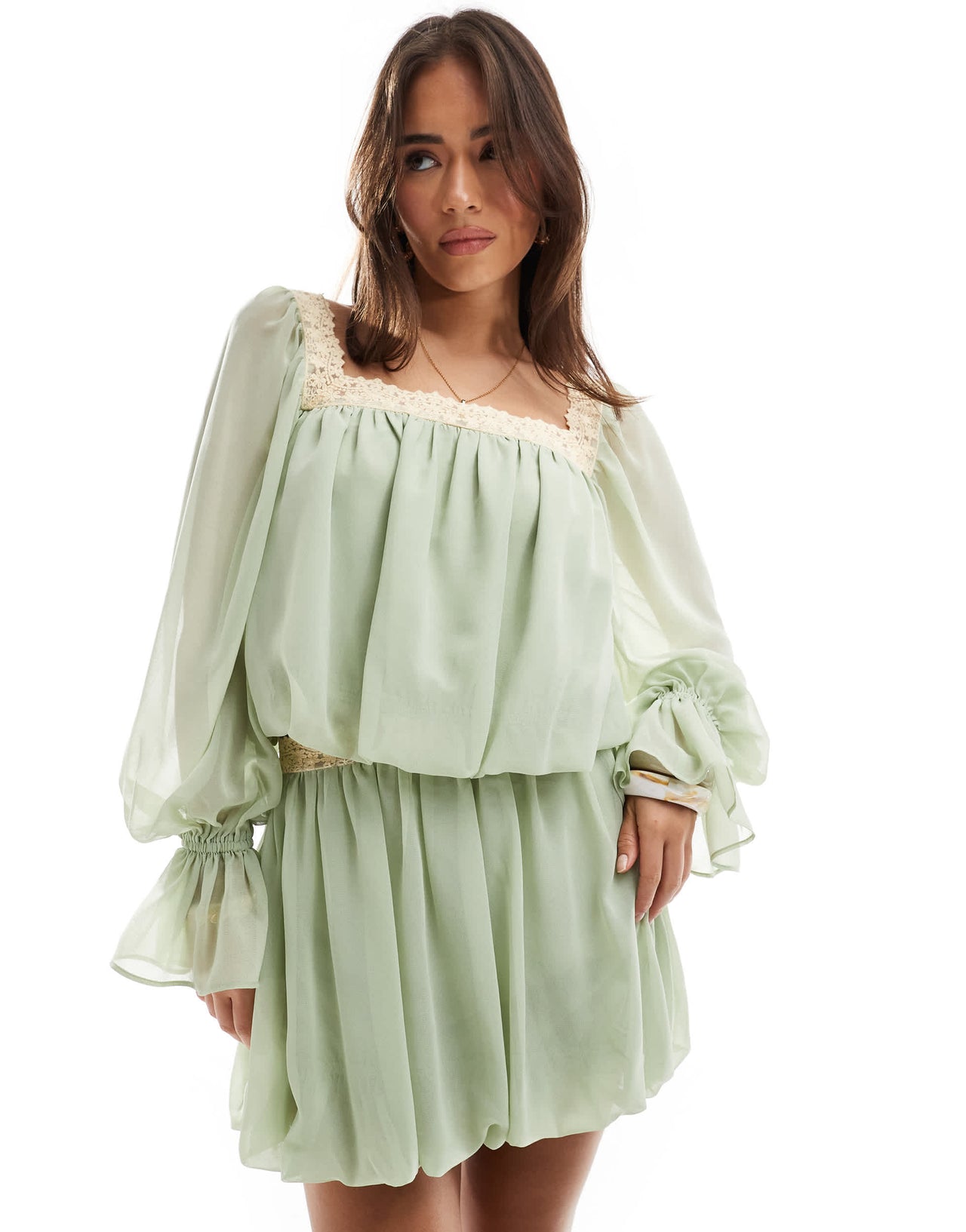 ASOS DESIGN square neck blouse co-ord with lace trim in sage
