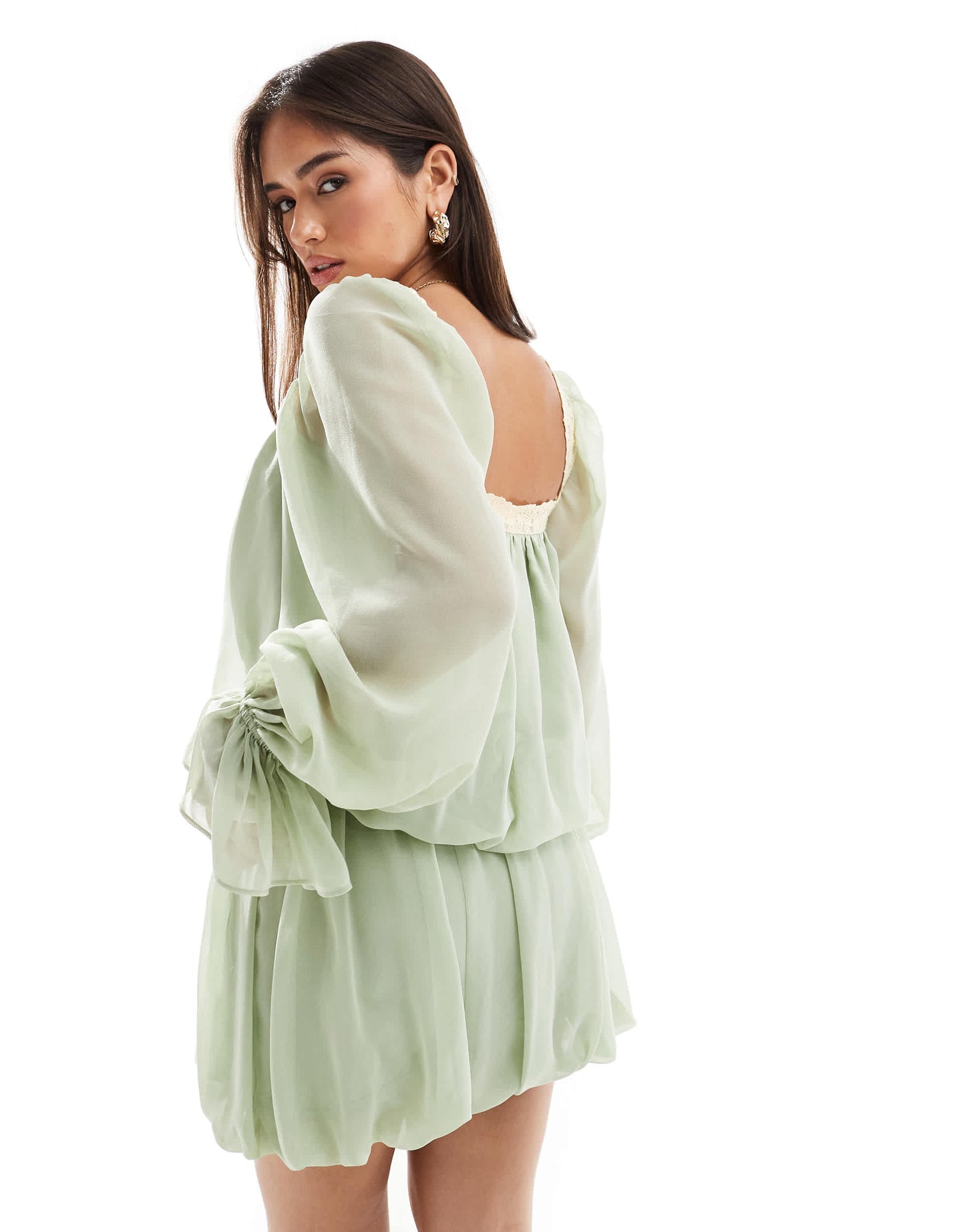 ASOS DESIGN square neck blouse co-ord with lace trim in sage