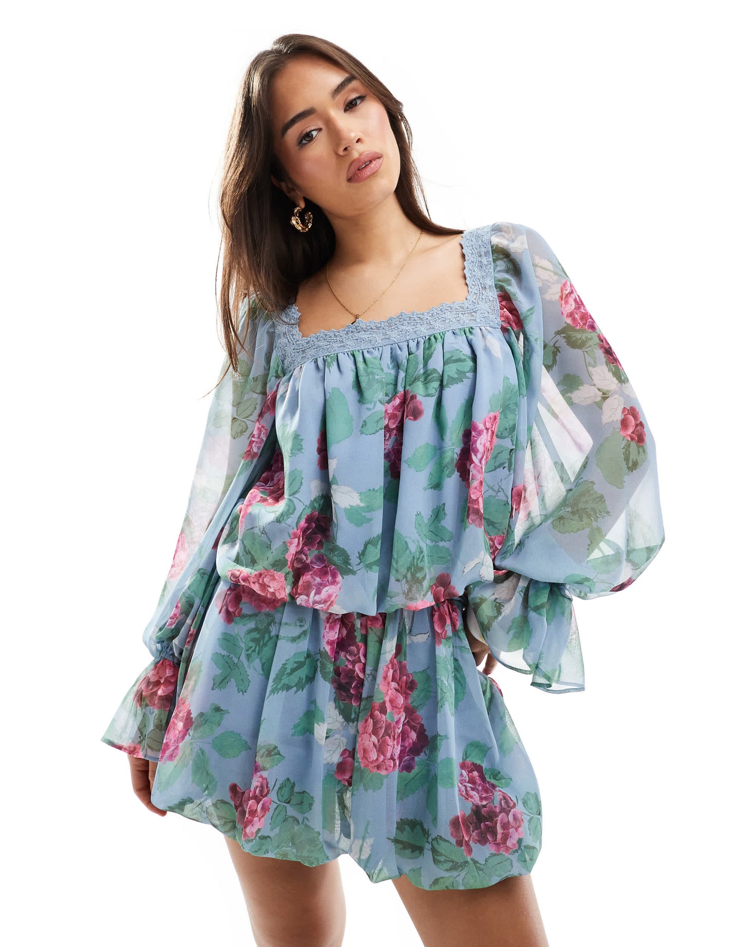 ASOS DESIGN square neck blouse co-ord with lace trim in floral