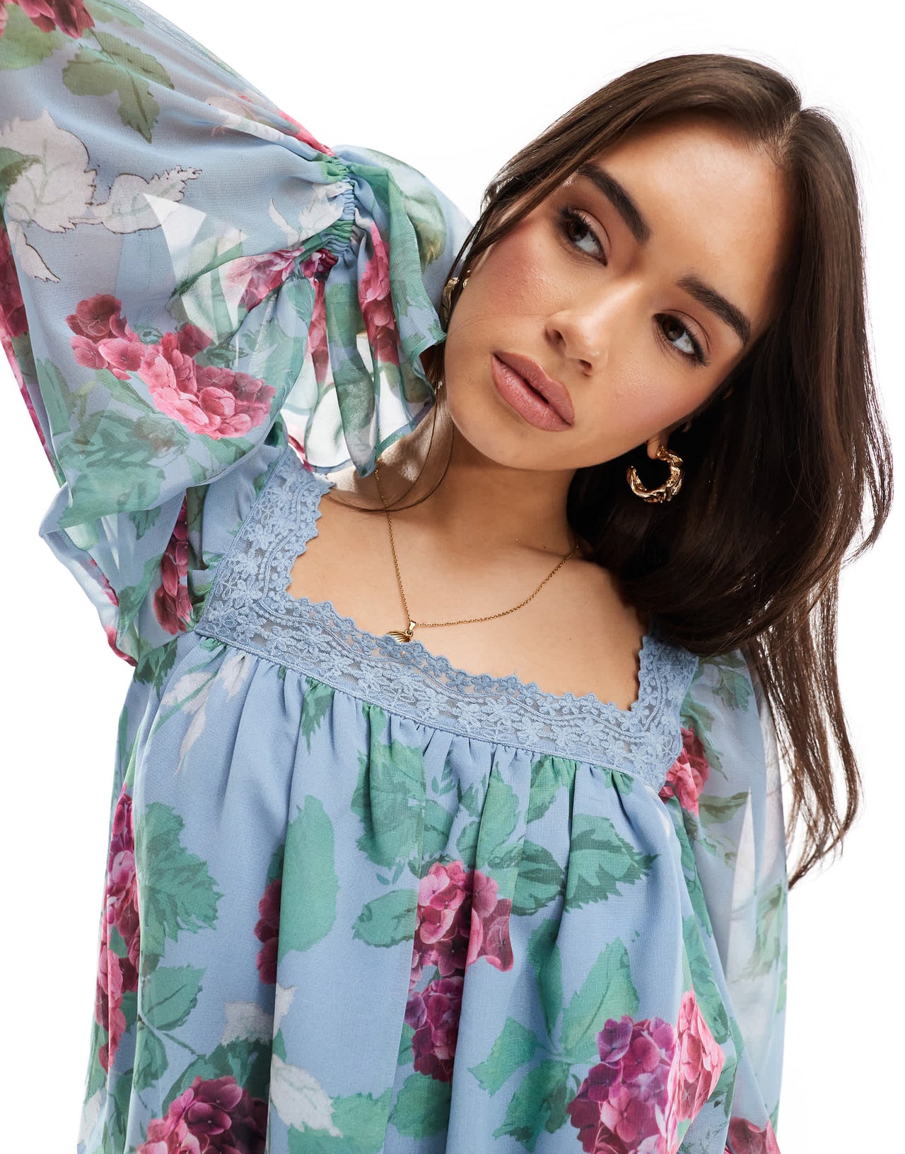 ASOS DESIGN square neck blouse co-ord with lace trim in floral
