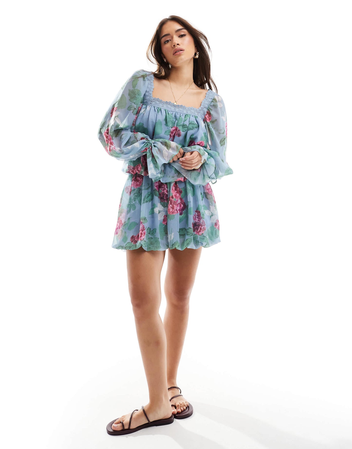 ASOS DESIGN square neck blouse co-ord with lace trim in floral