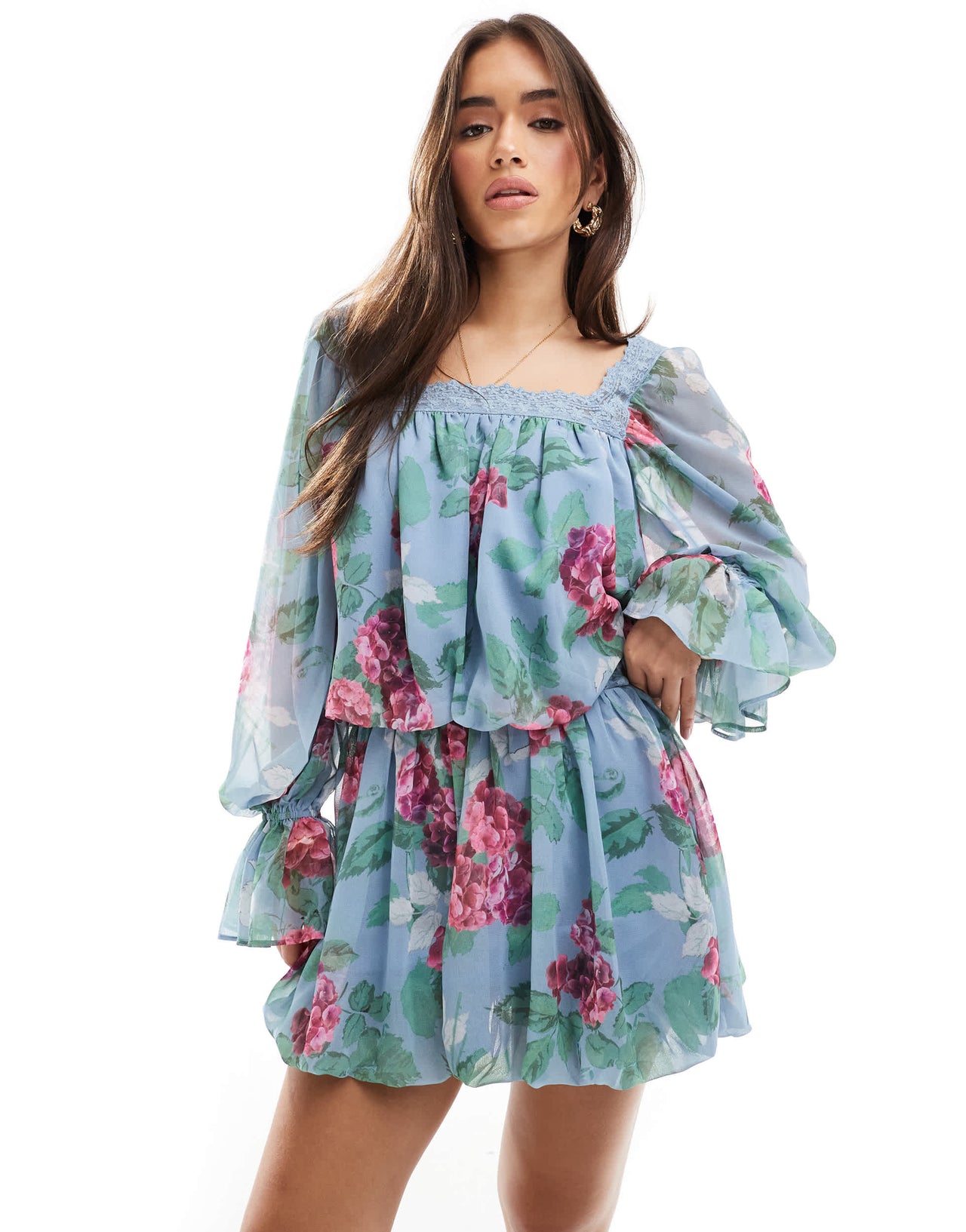 ASOS DESIGN chiffon bubble mini skirt co-ord in floral print