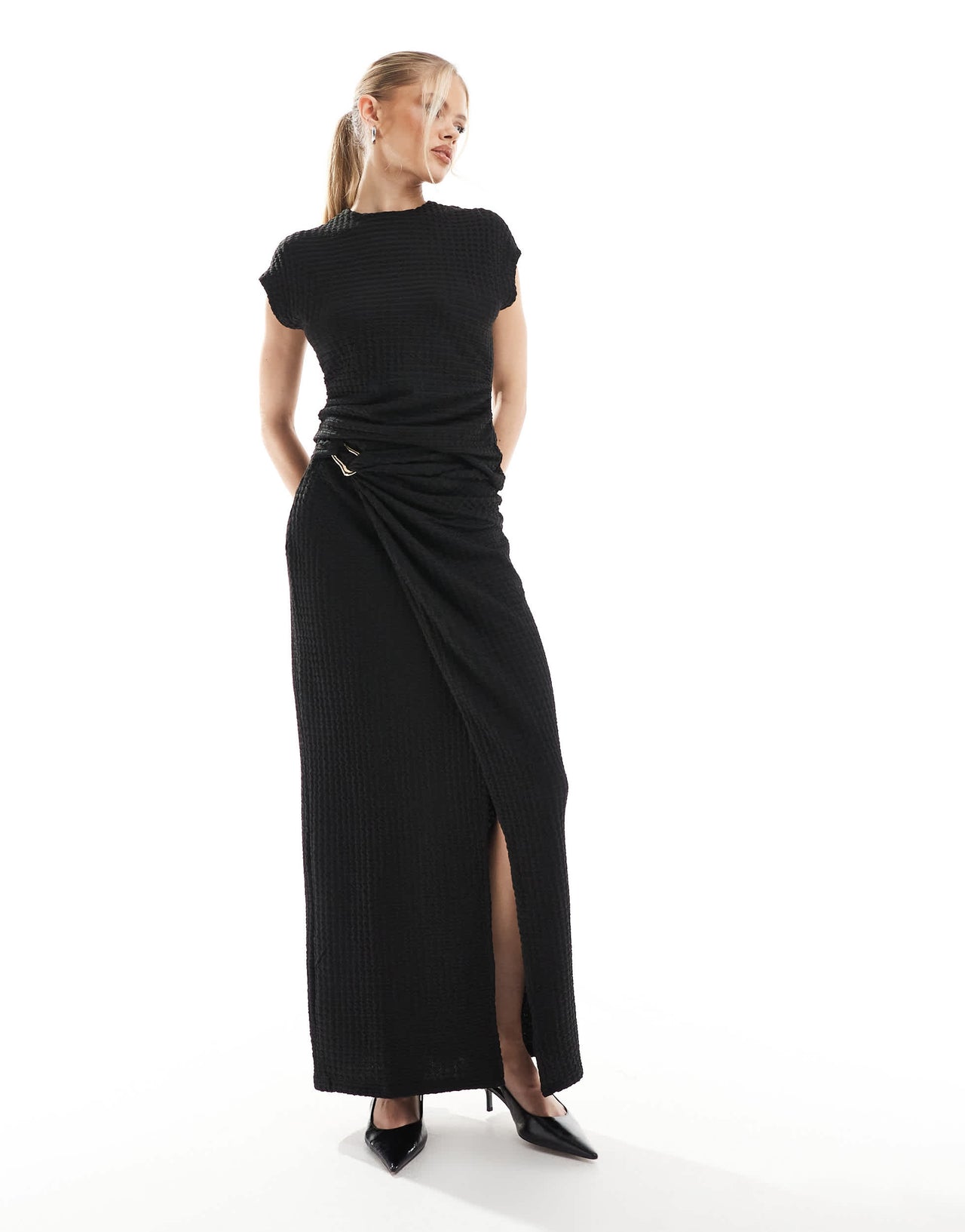 Threadbare co-ord textured black maxi skirt with gold trim detail