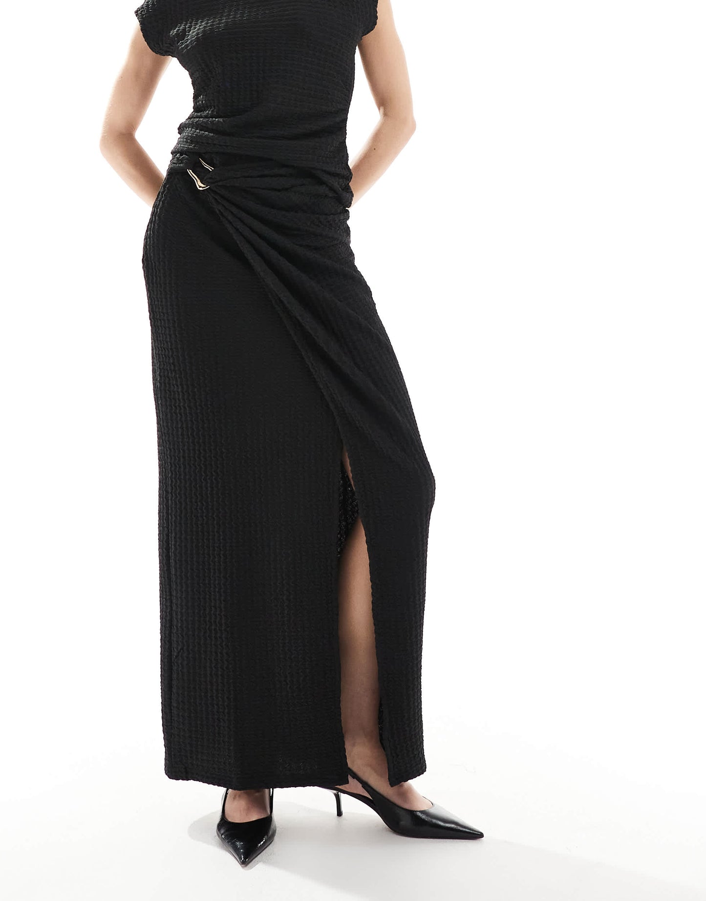 Threadbare co-ord textured black maxi skirt with gold trim detail
