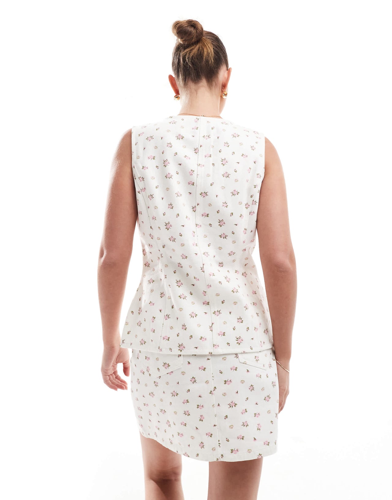 Threadbare co-ord denim waistcoat in white with pink ditsy print