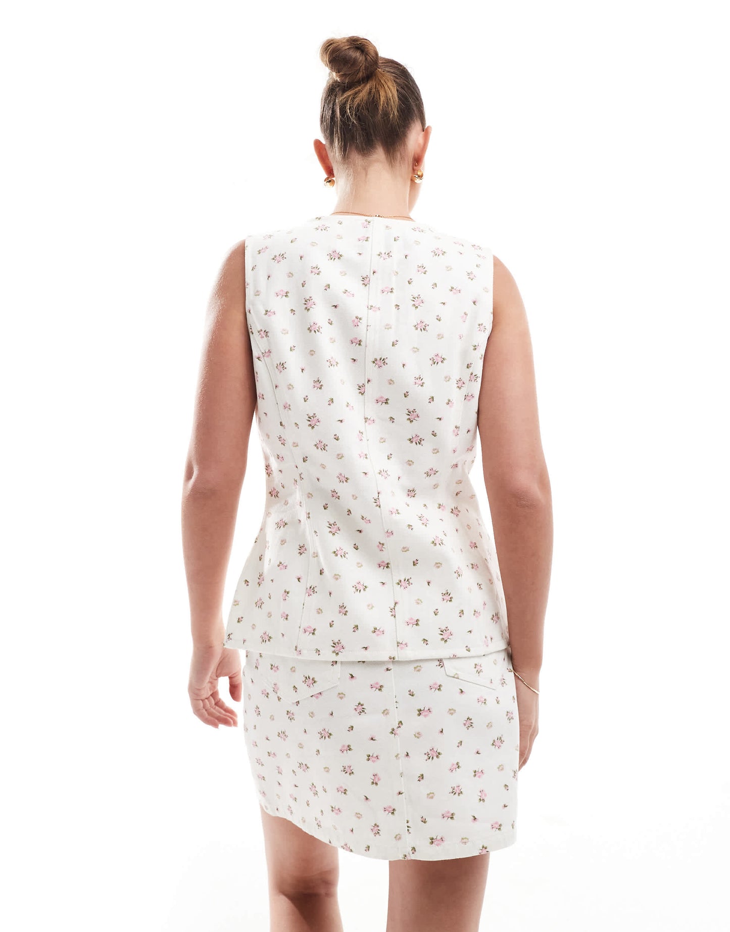 Threadbare co-ord denim waistcoat in white with pink ditsy print