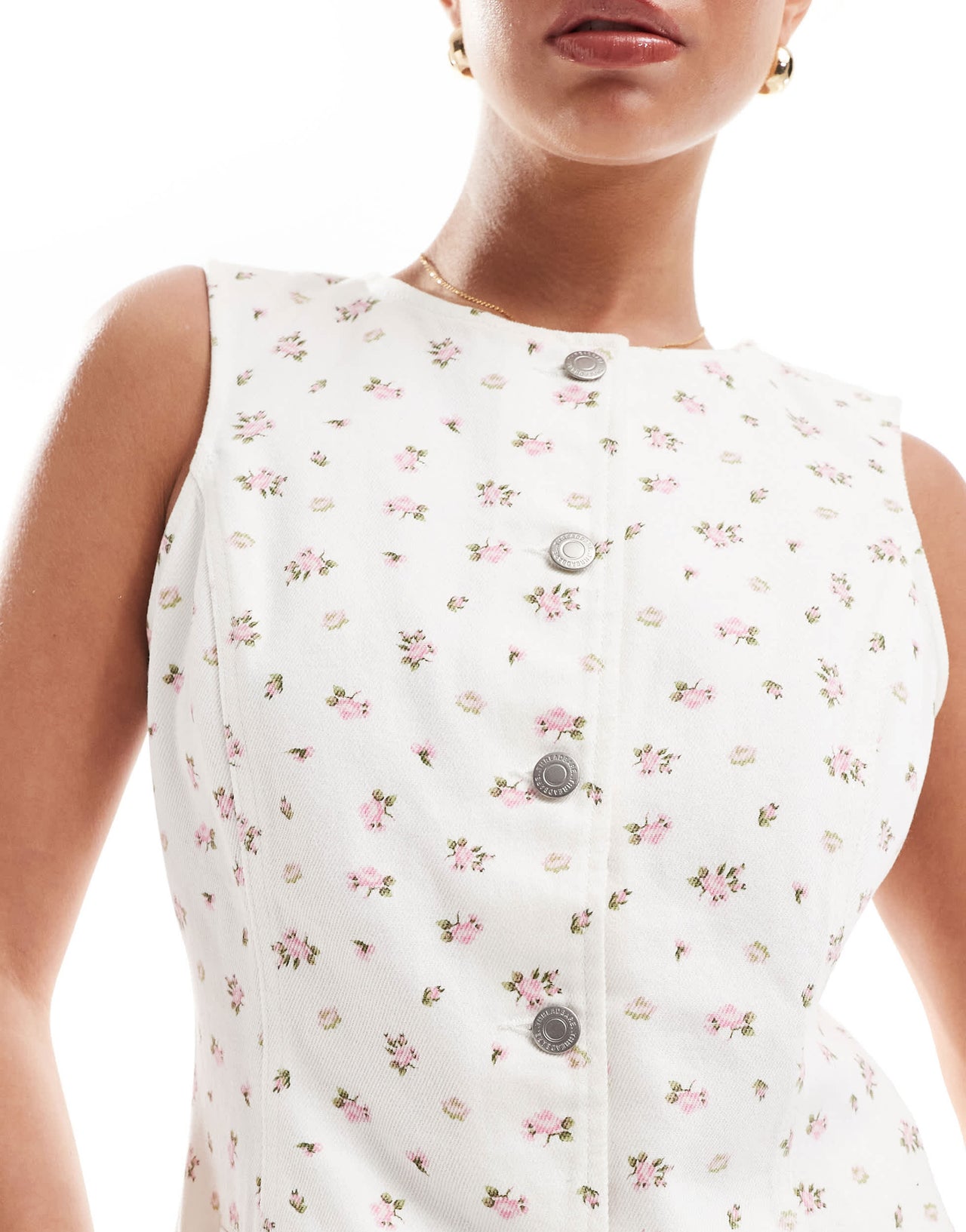 Threadbare co-ord denim waistcoat in white with pink ditsy print