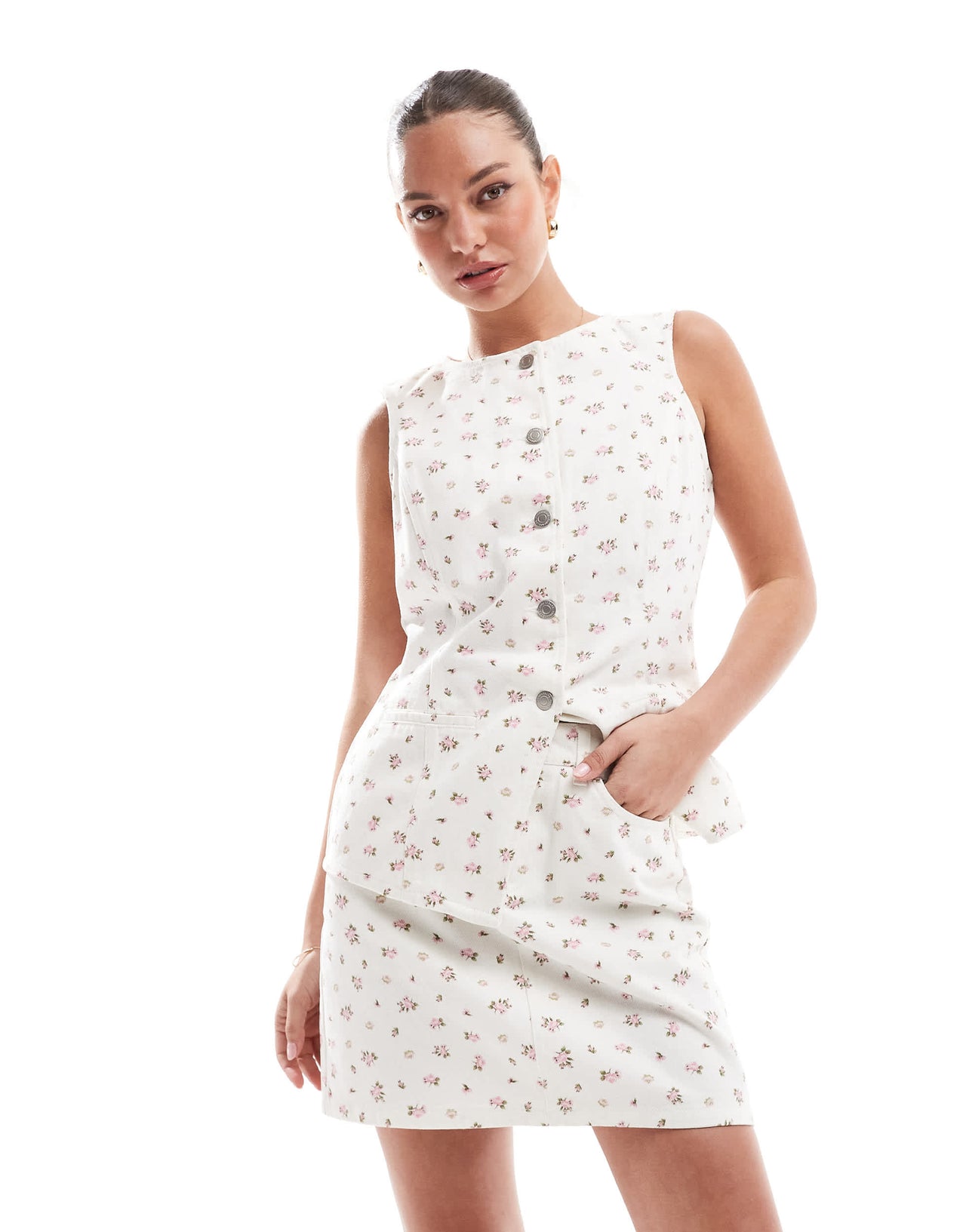 Threadbare co-ord denim mini skirt in white with pink ditsy print
