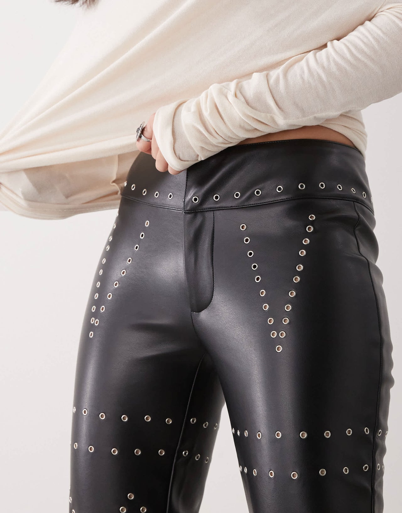 The Kript low rise leather trousers with studs in black