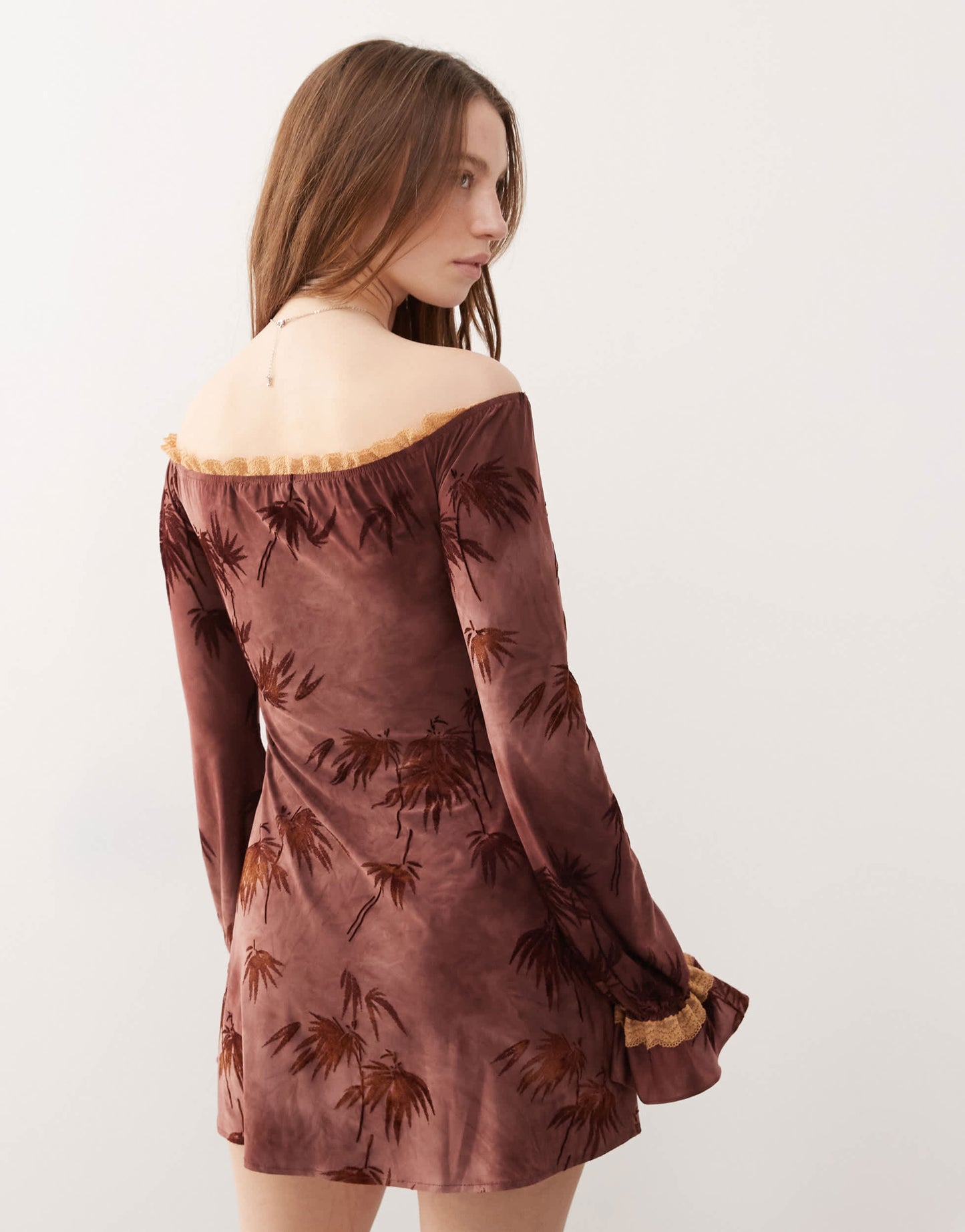 The Kript boho off shoulder mini dress with lace detailing in burgundy print