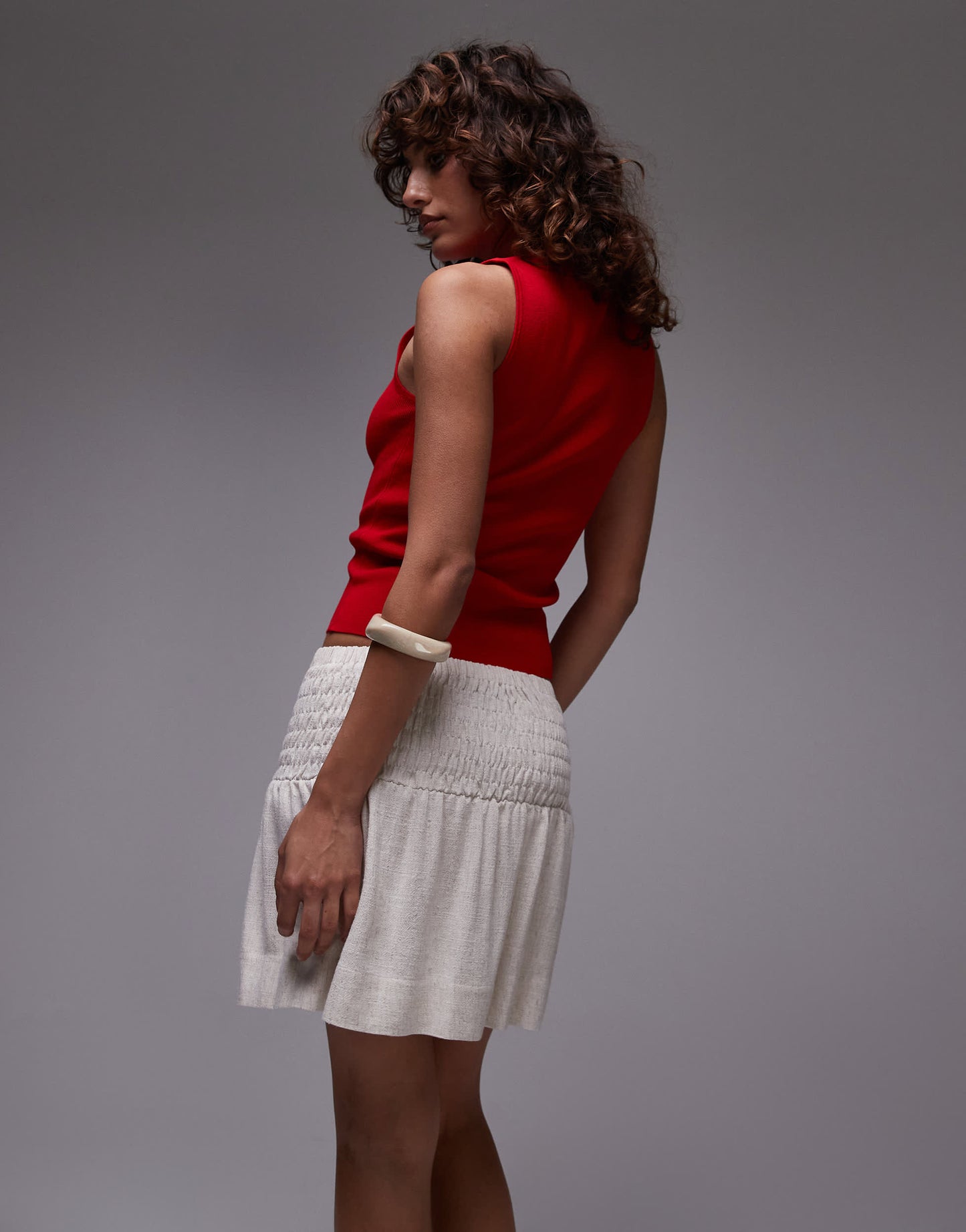 Topshop high rise linen mini skirt with ruched sides in natural