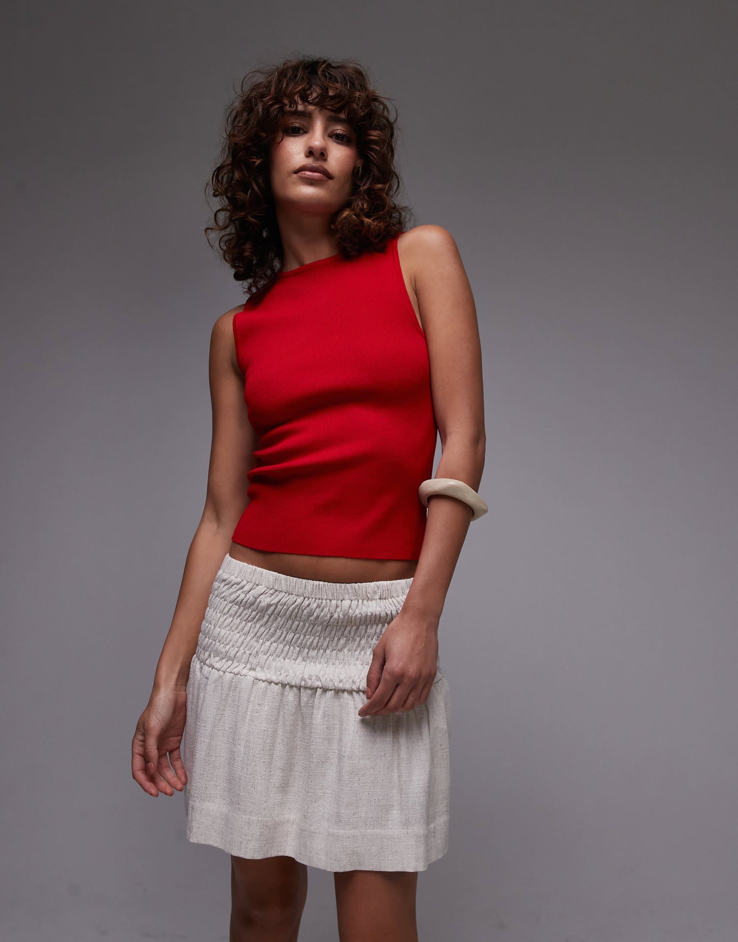 Topshop high rise linen mini skirt with ruched sides in natural