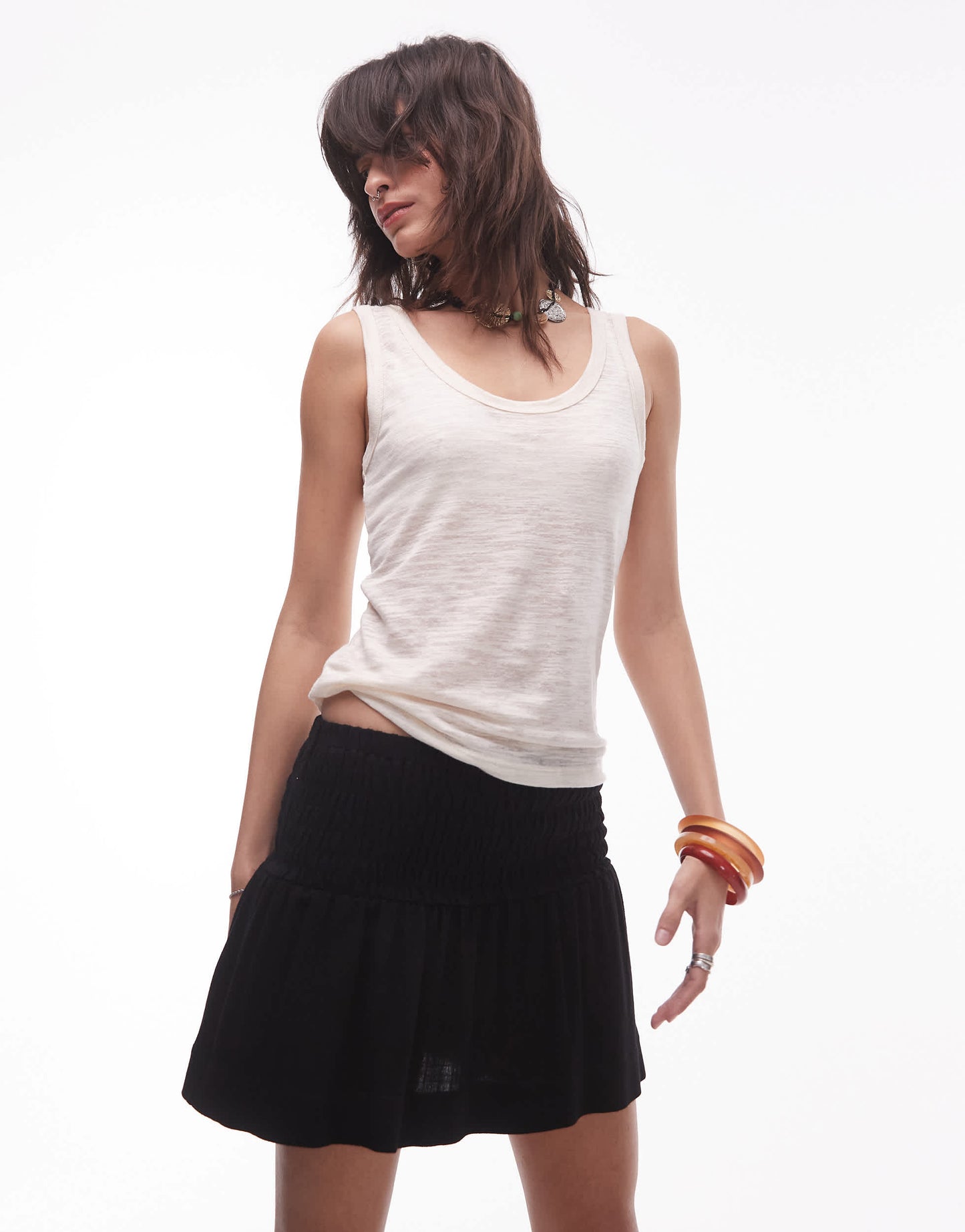 Topshop high rise linen mini skirt with ruched sides in black