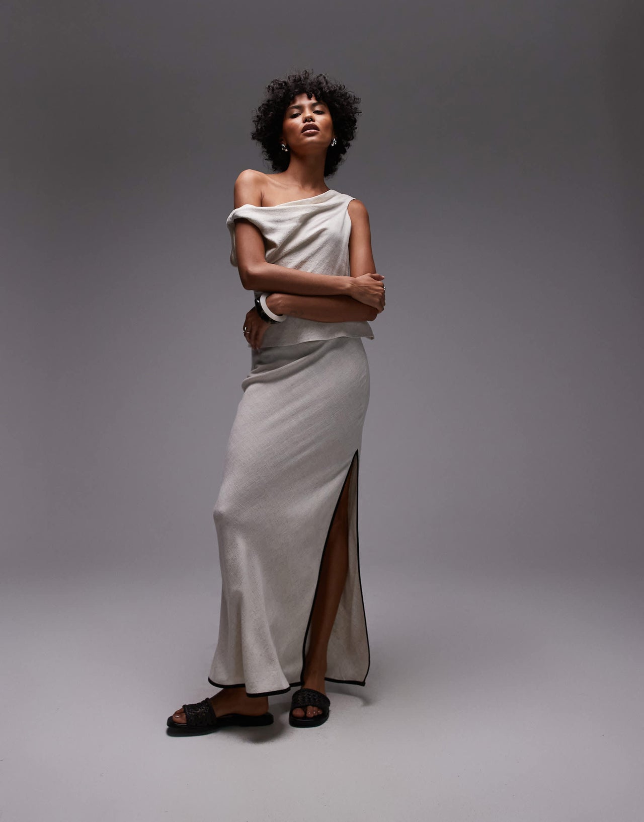 Topshop linen bias maxi skirt in natural with black piping