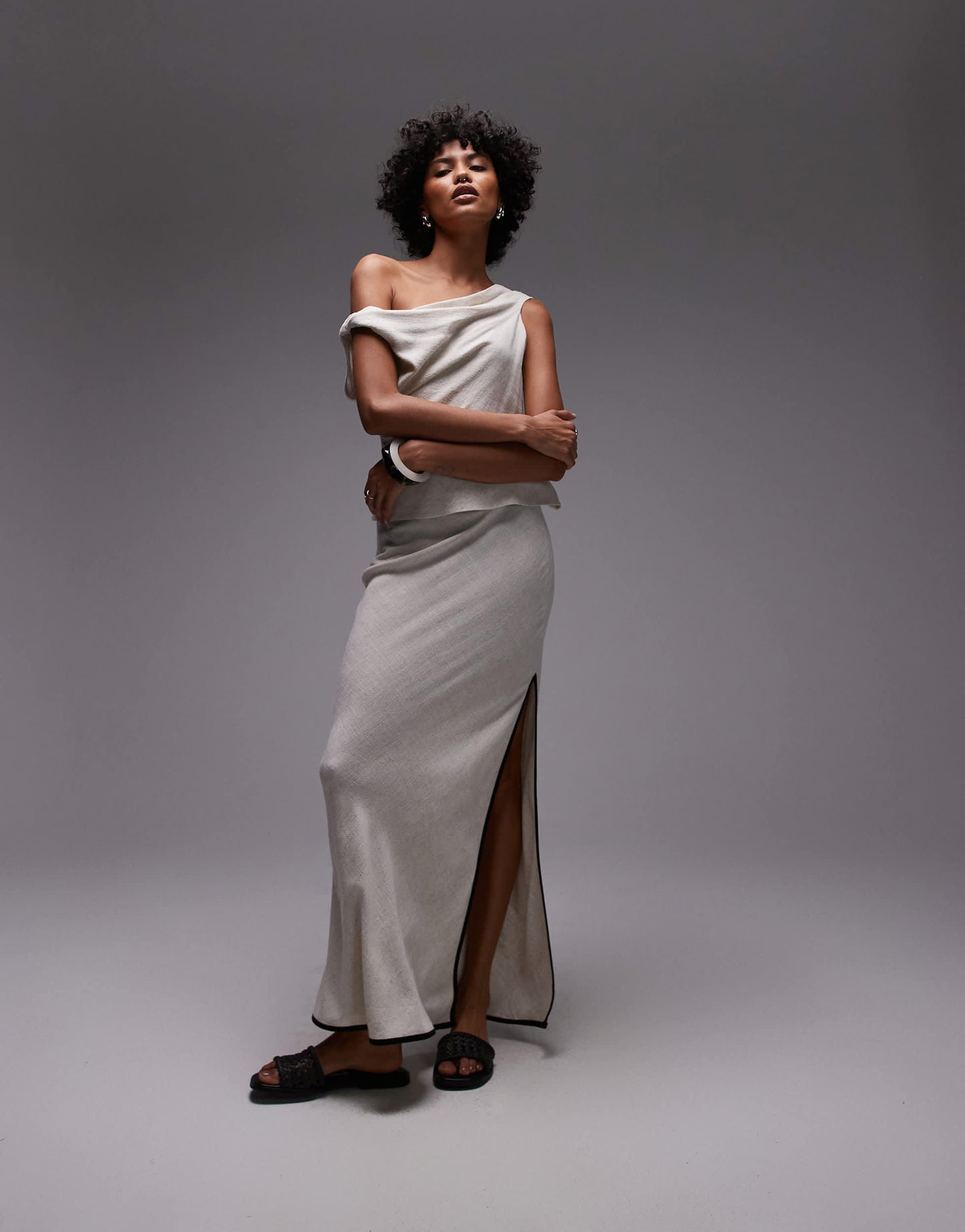 Topshop linen bias maxi skirt in natural with black piping