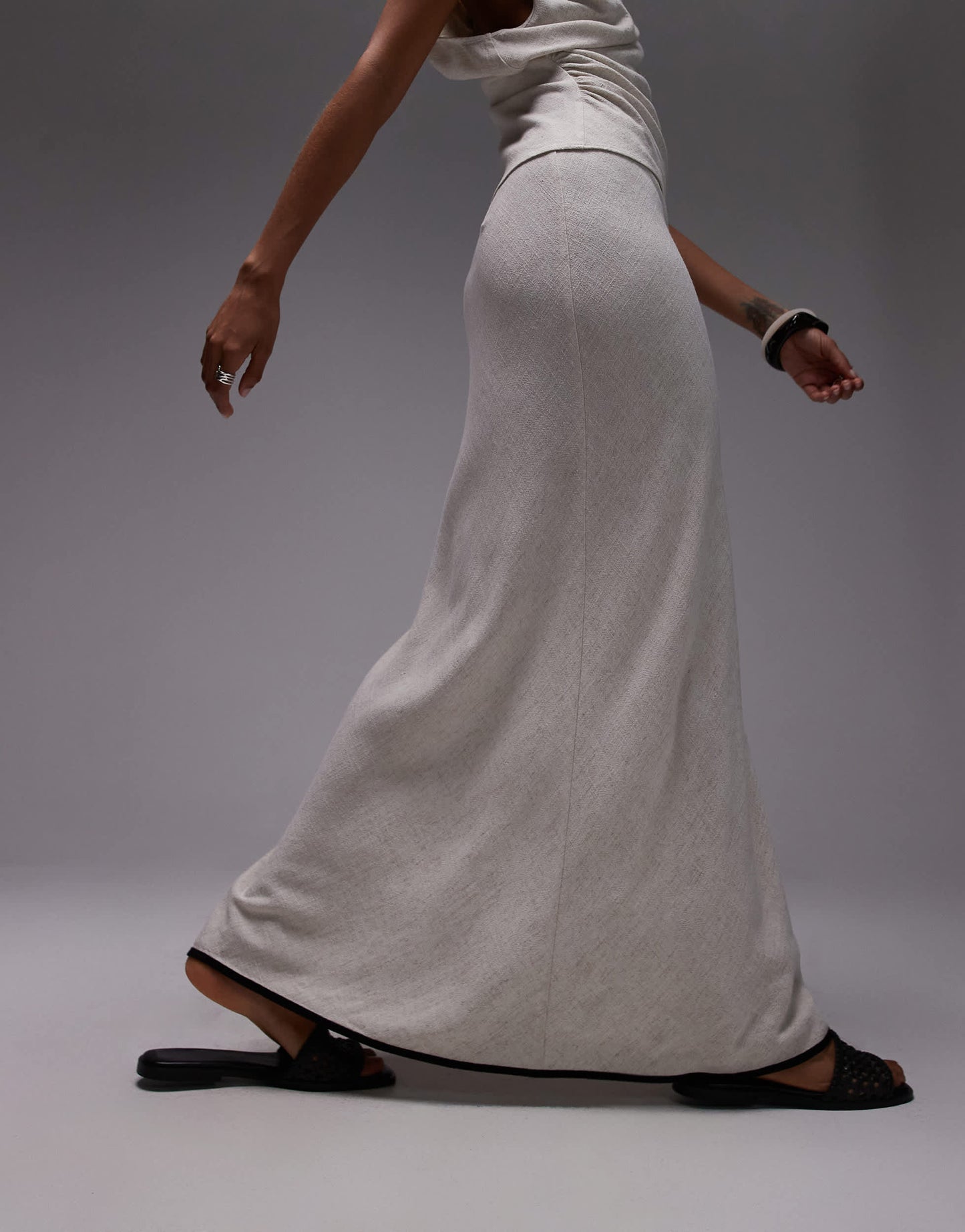 Topshop linen bias maxi skirt in natural with black piping