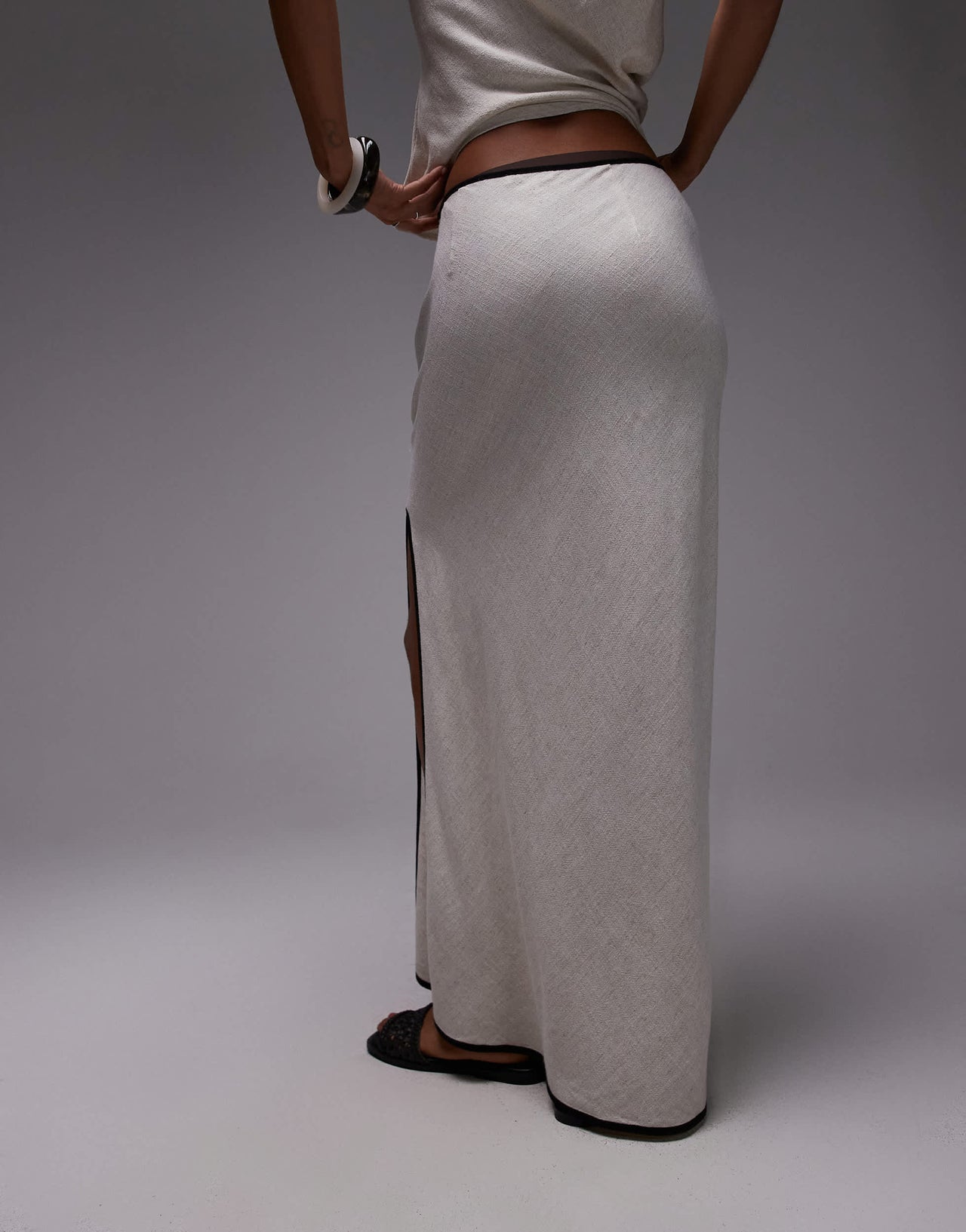 Topshop linen bias maxi skirt in natural with black piping